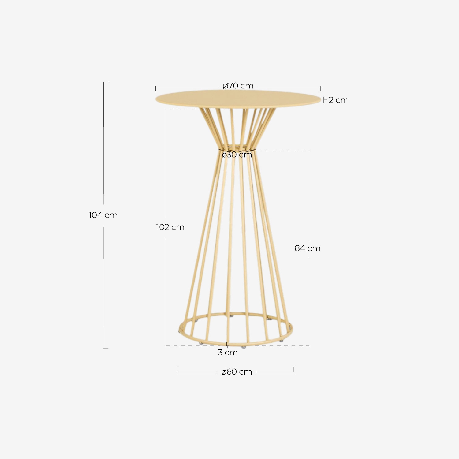 Set de mesa alta redonda Ø70 cm Nouli y 2 taburetes altos 75 cm de metal Mayailer, medidas