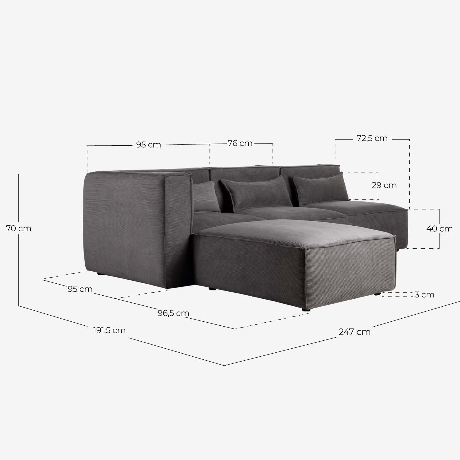 Canapé d'Angle Modulaire Kilhe 3 Pièces avec 2 Fauteuils et Pouf en Velours Côtelé, dimensions