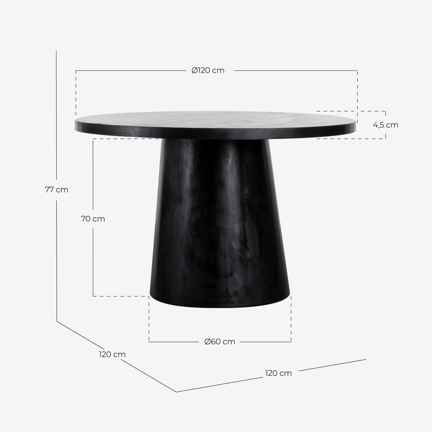 Table de salle à manger ronde, en bois de manguier sculpté, patiné gris  ardoise, Ø150cm