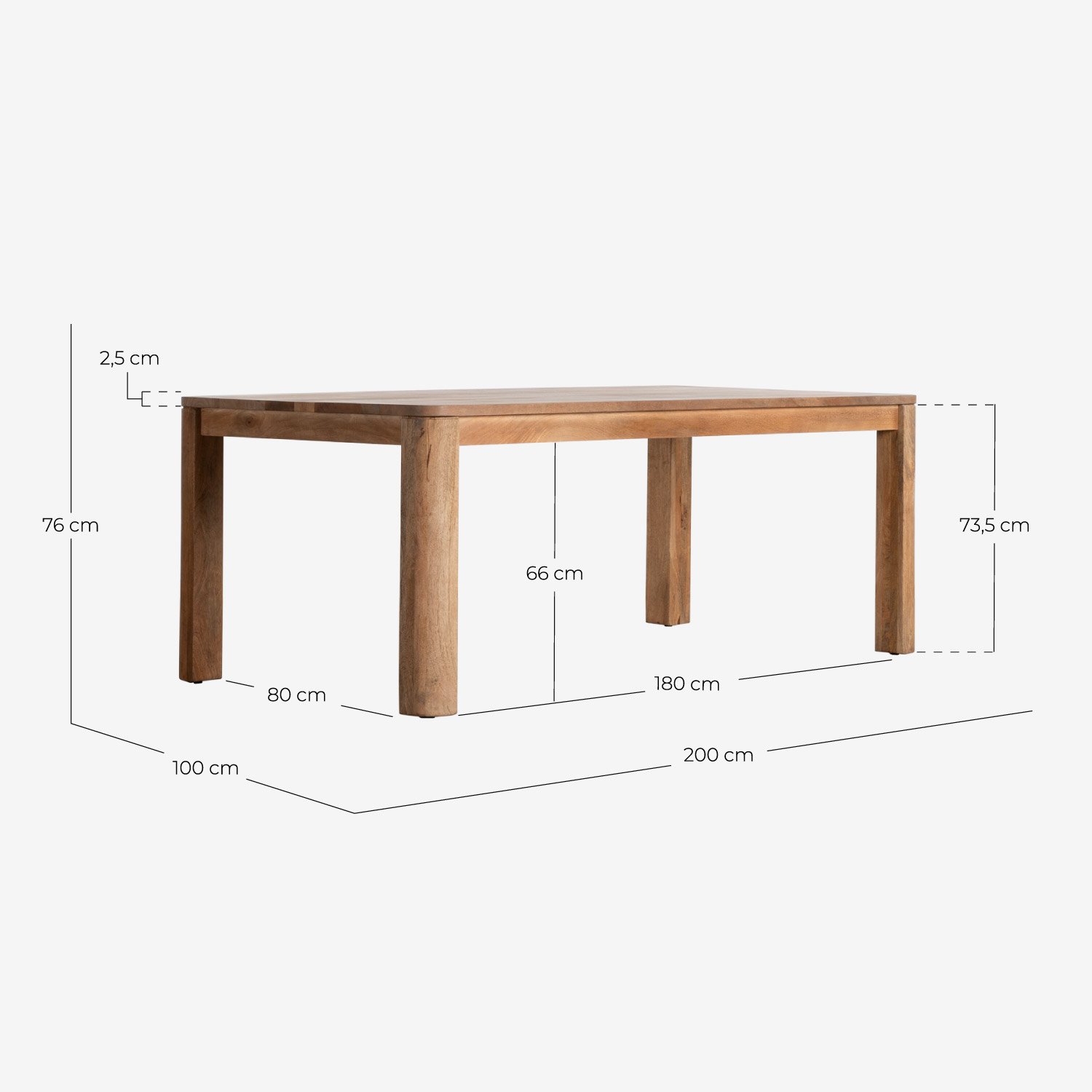 Table de Salle à Manger Rectangulaire en Bois de Manguier (200x100 cm) Valde, dimensions