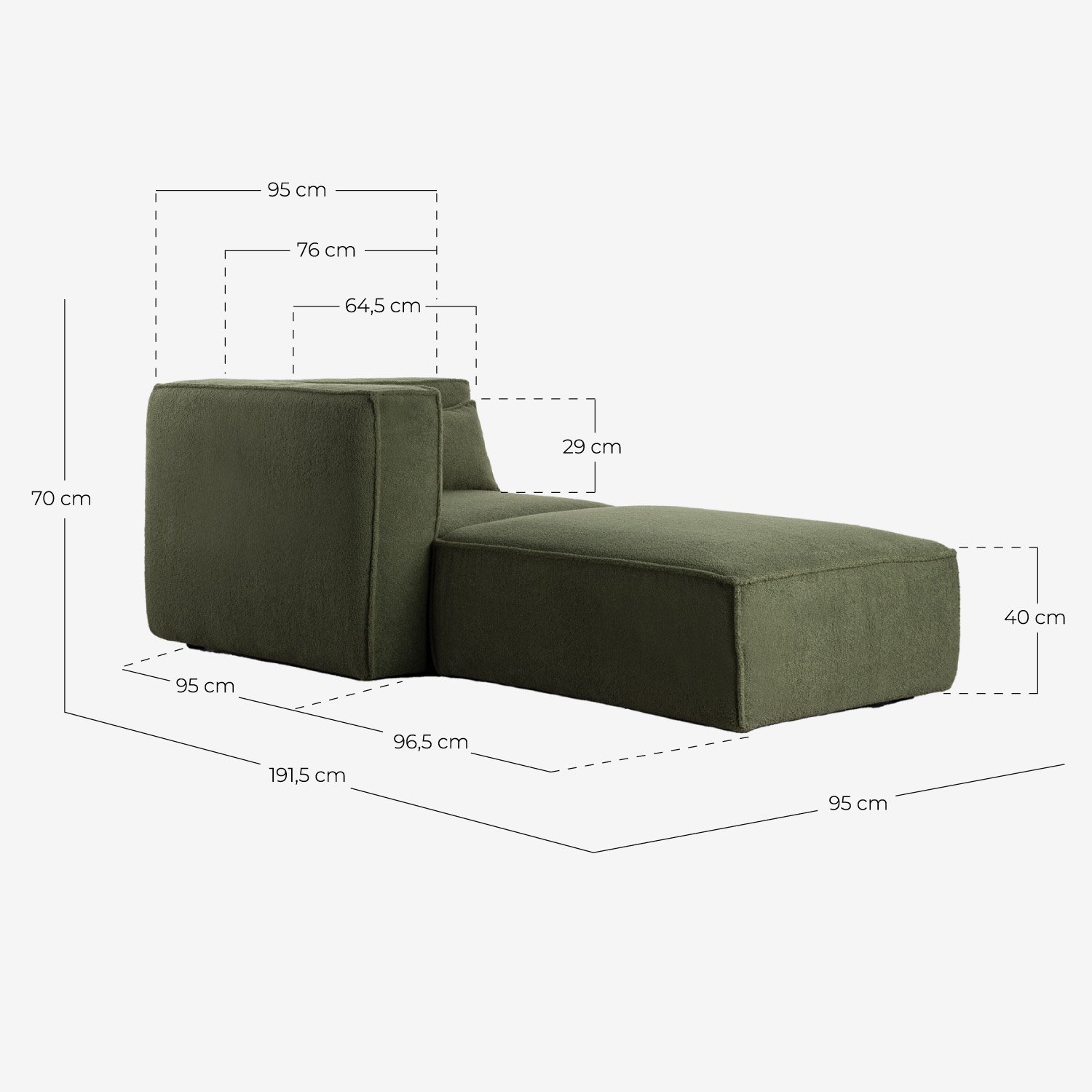 Fauteuil d'Angle Modulable avec Pouf en Tissu Bouclé Kilhe, dimensions