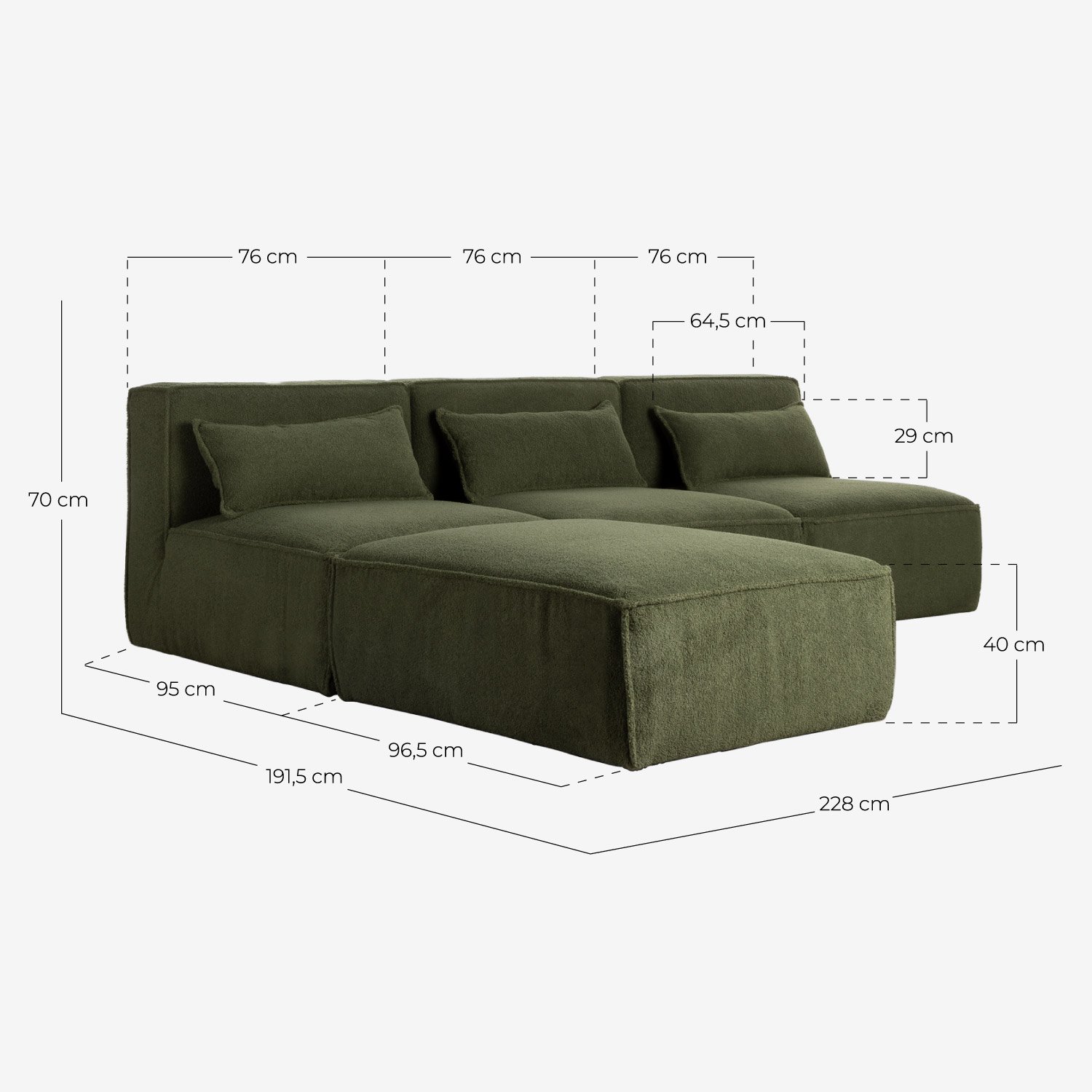 Canapé Modulaire 3 Pièces et Pouf en Tissu Bouclé Kilhe, dimensions