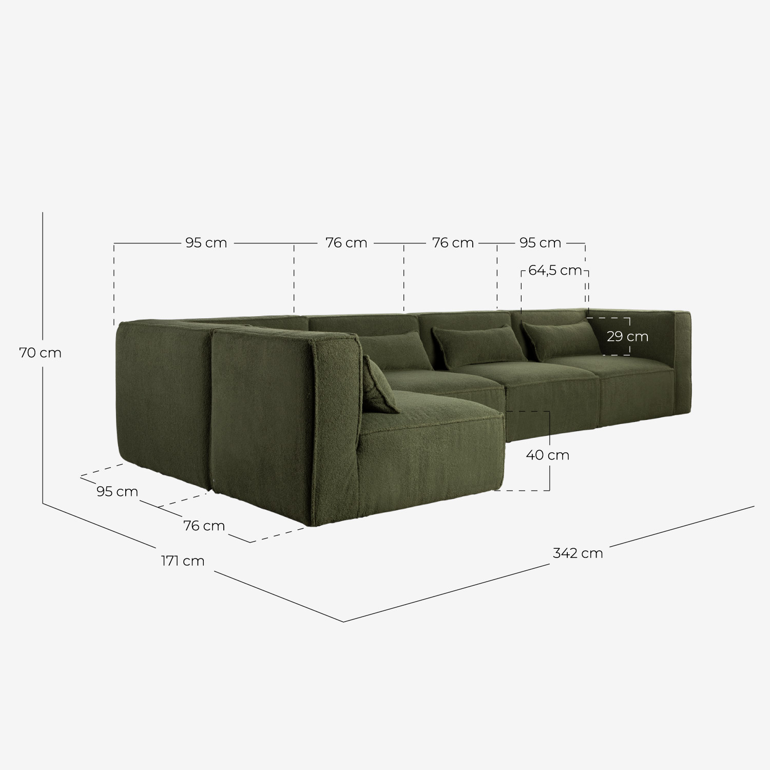 Canapé Modulable 5 Pièces avec 2 Fauteuils d'Angle en Tissu Boucle Kilhe, dimensions
