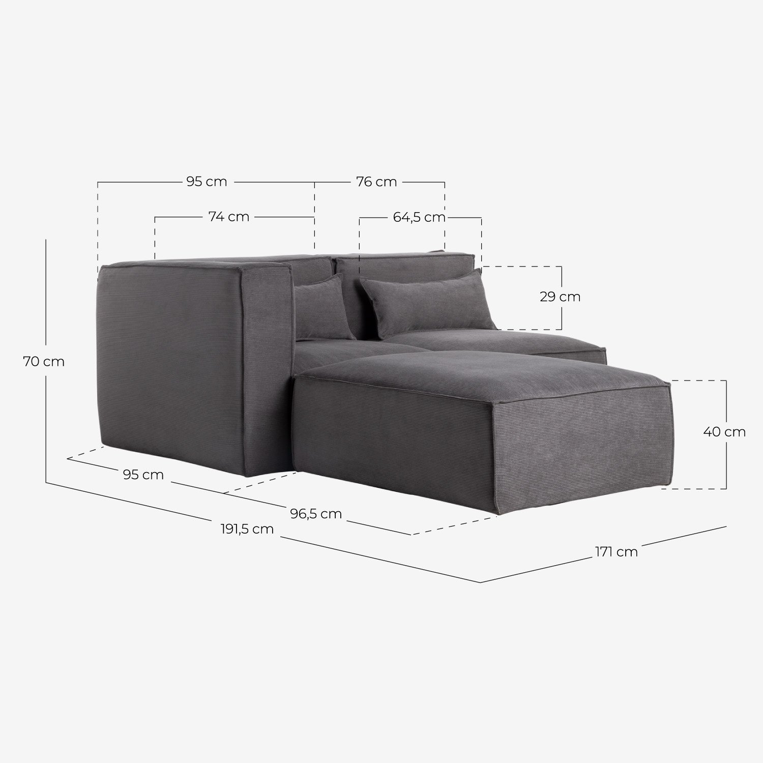 Canapé Modulables d'Angle de 2 Pièces et Pouf en Velours Côtelé Kilhe, dimensions