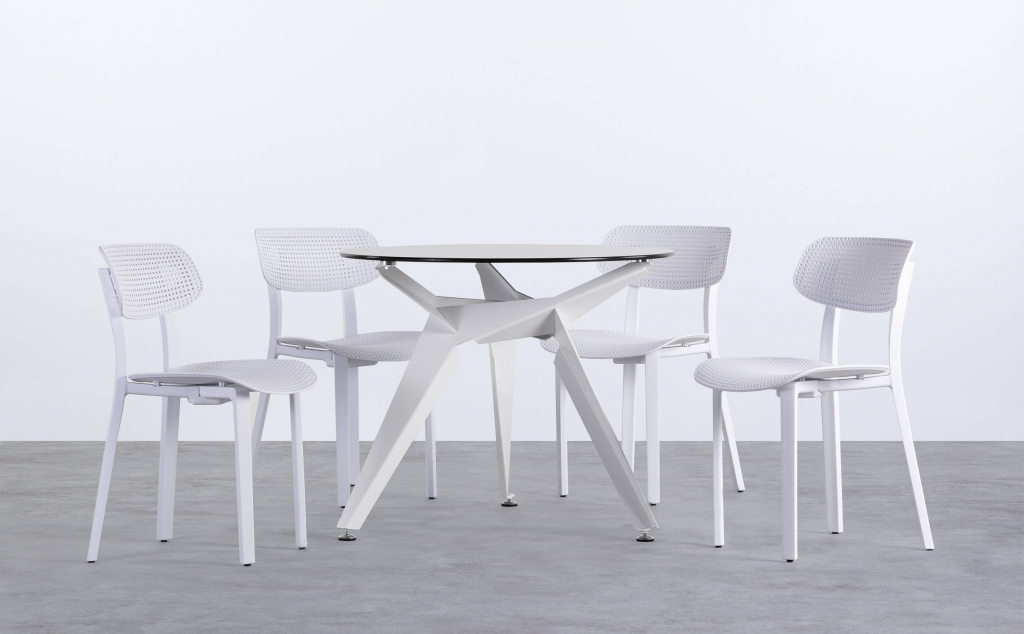 Set de Table Ronde en Verre Semfy et 4 Chaises en Polypropylène Dasi Grille