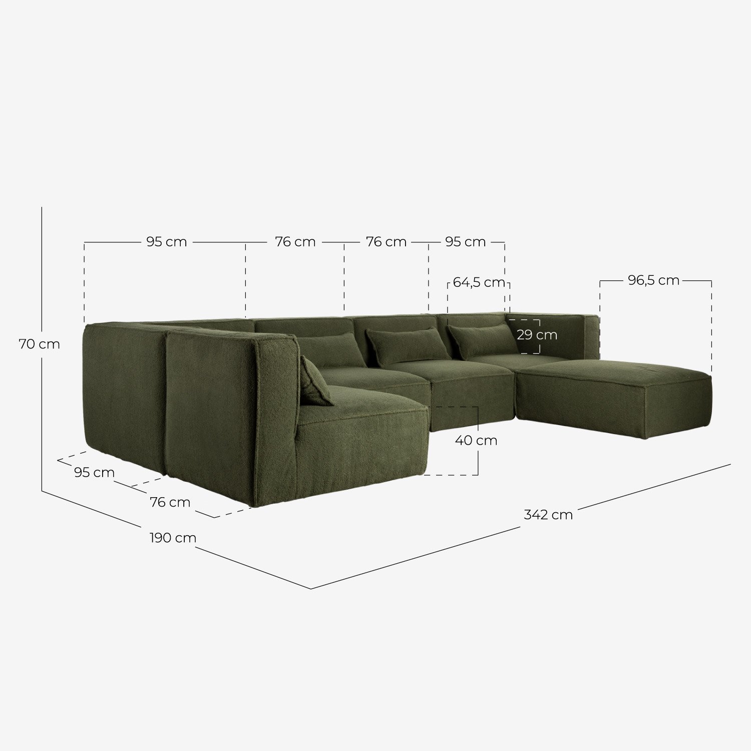 Canapé Modulaire 5 Pièces et Pouf en Tissu Bouclé Kilhe, dimensions