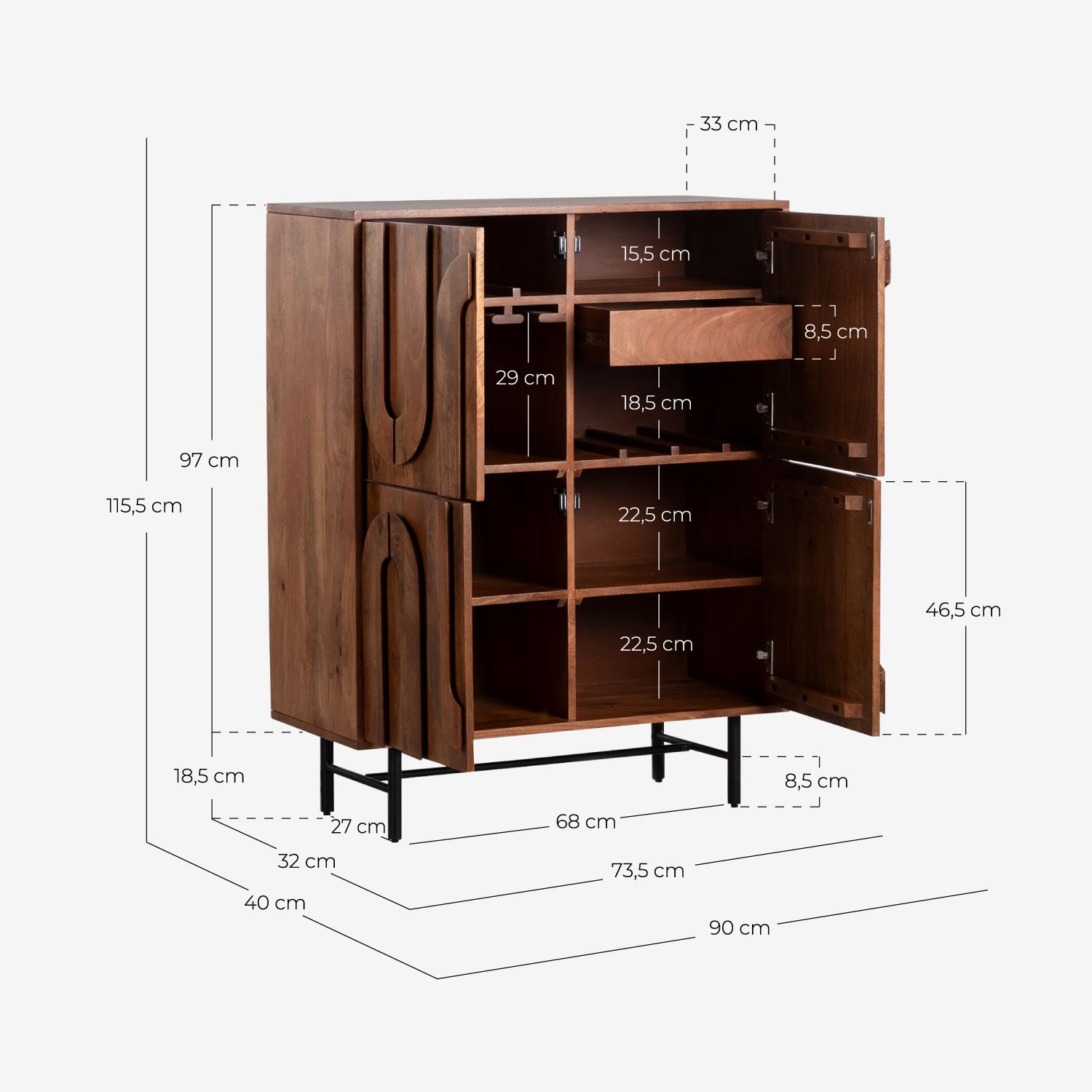 Meuble Bar 90x40 cm en Bois de Manguier Lenan, dimensions