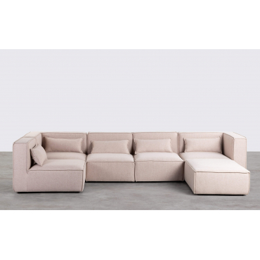 Canapé Modulable 5 pièces et Pouf en Tissu Kilhe Tissu -Beige Coquillage - The Masie