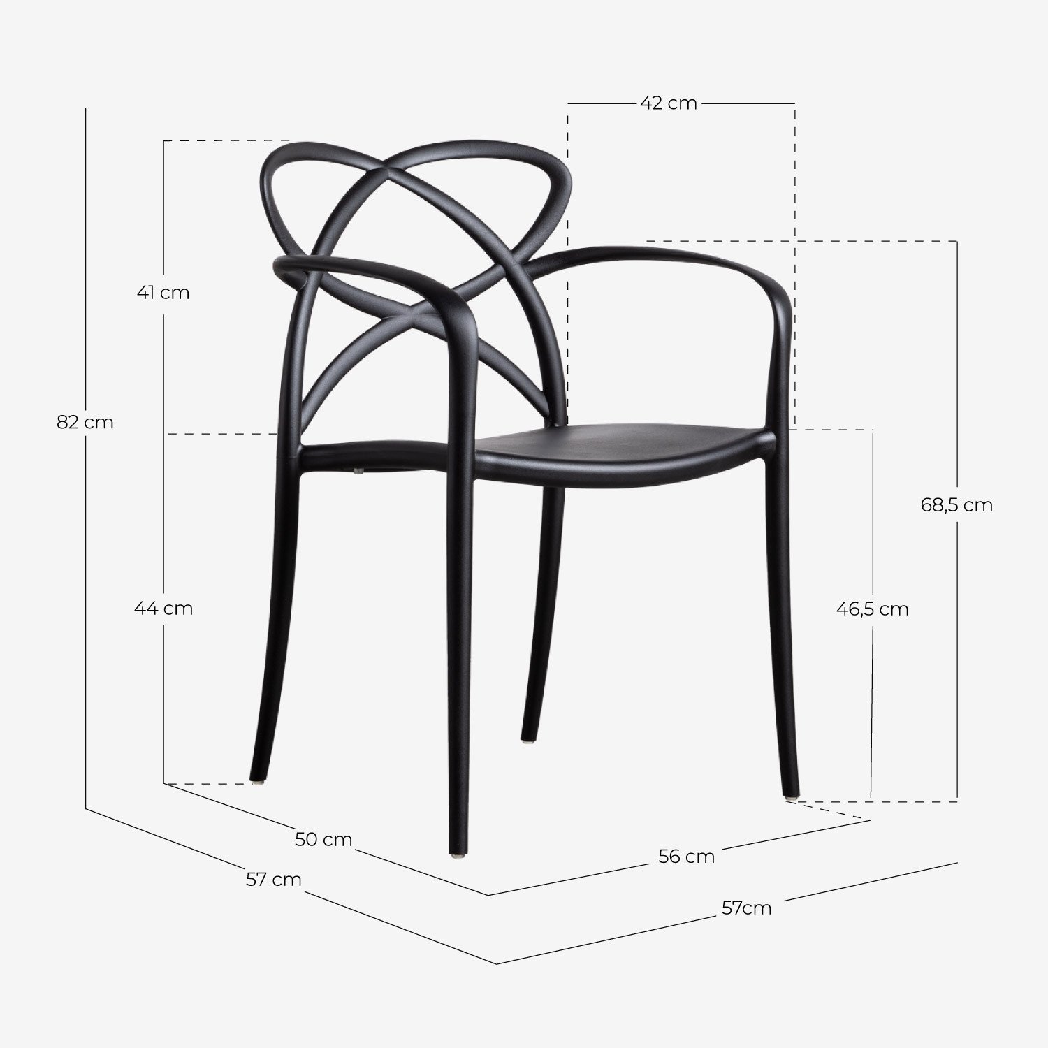 Pack 2 Chaises de Salle à Manger en Polypropylène avec Accoudoirs Cielo, dimensions