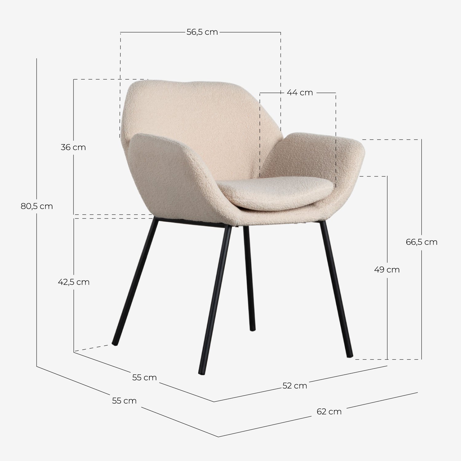 Pack 4 Chaises de Salle à Manger en Métal avec Accoudoirs Eider Bouclé, dimensions