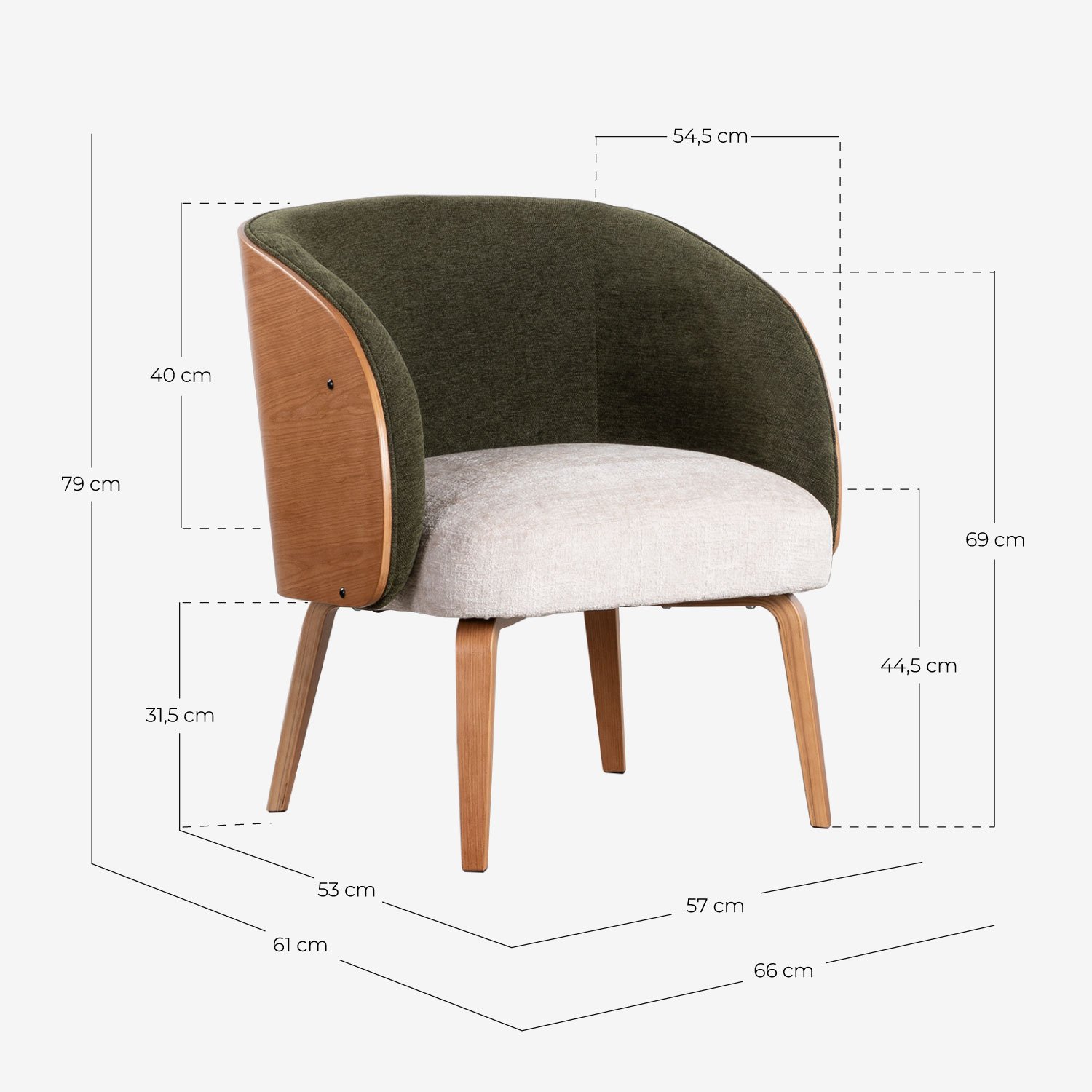 Fauteuil en Bois et Tissu Meria, dimensions