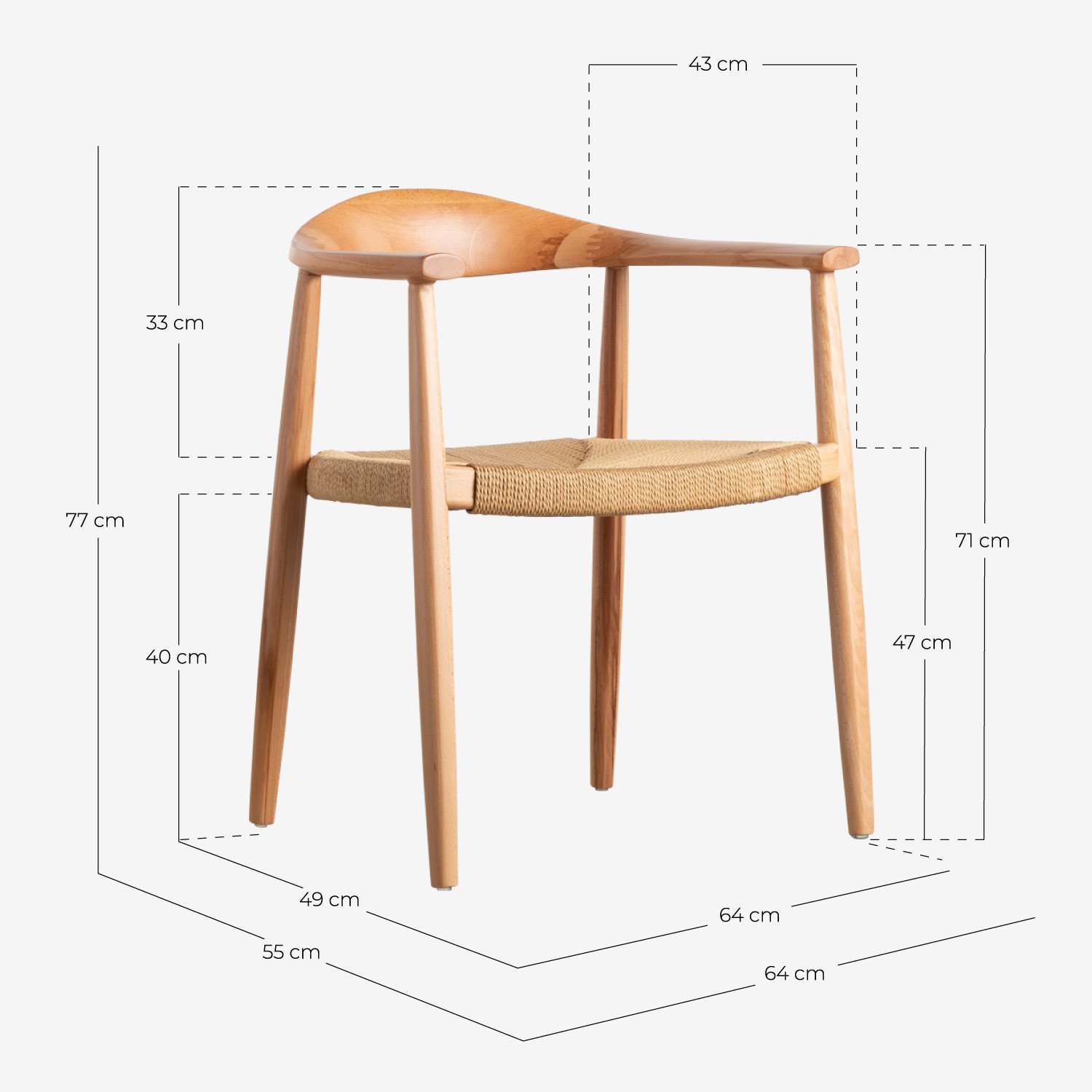 Pack 4 Chaises de Salle à Manger en Bois de Hêtre et Corde Vilno, dimensions