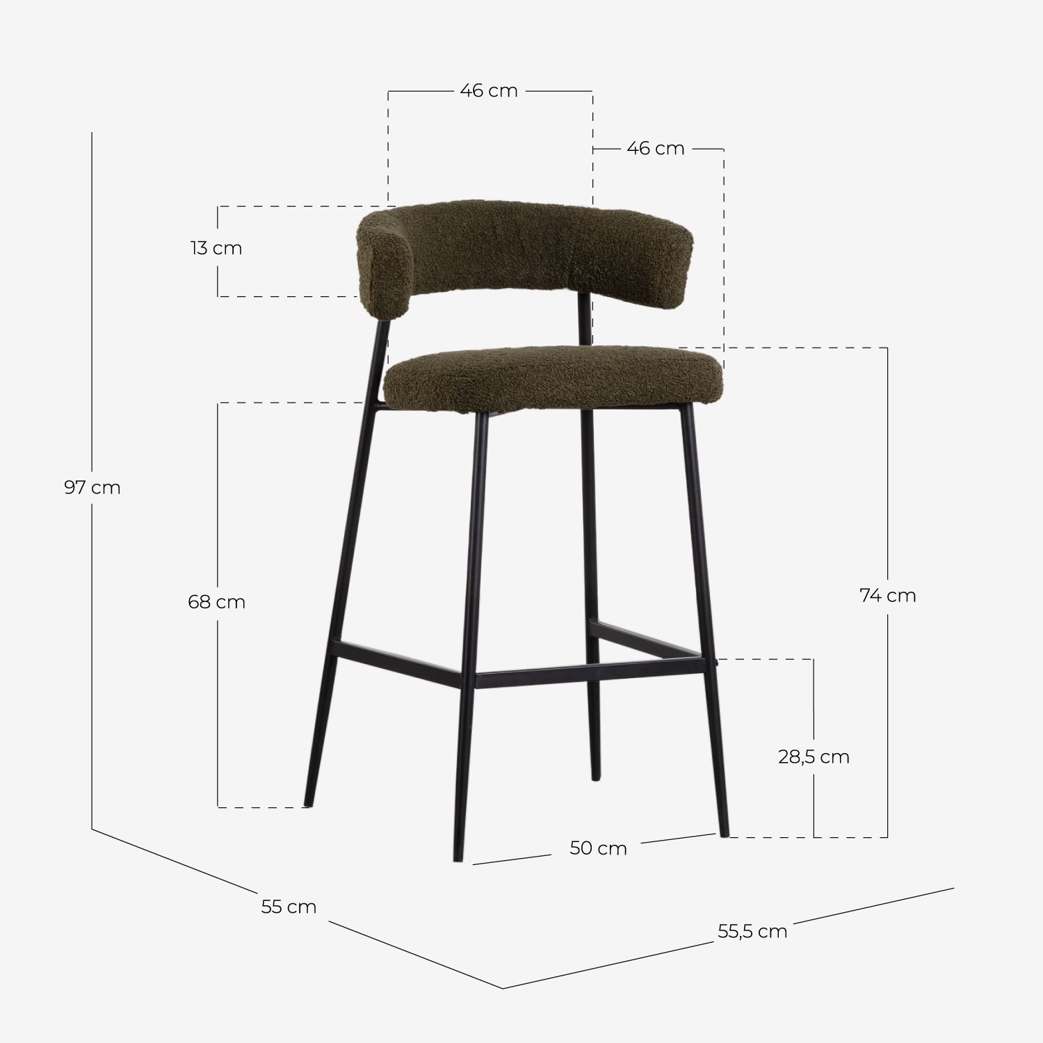 Lot de 2 Tabourets Hauts en Métal (74 cm) Eloise Bouclé., dimensions