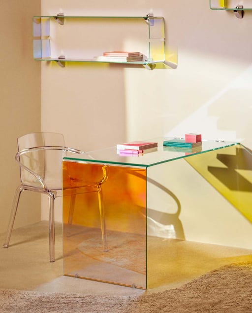 Set de Bureau et Chaise Iris en Verre Trempé avec Accoudoirs en Polycarbonate Zuera