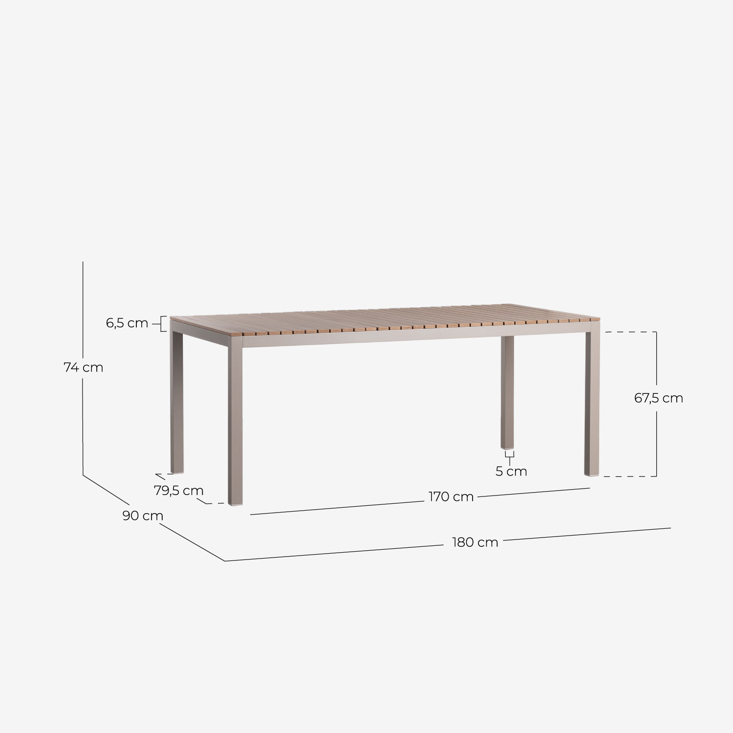 Ensemble de Table en Aluminium (180x90 cm) et 4 Chaises d'Extérieur Korce, dimensions