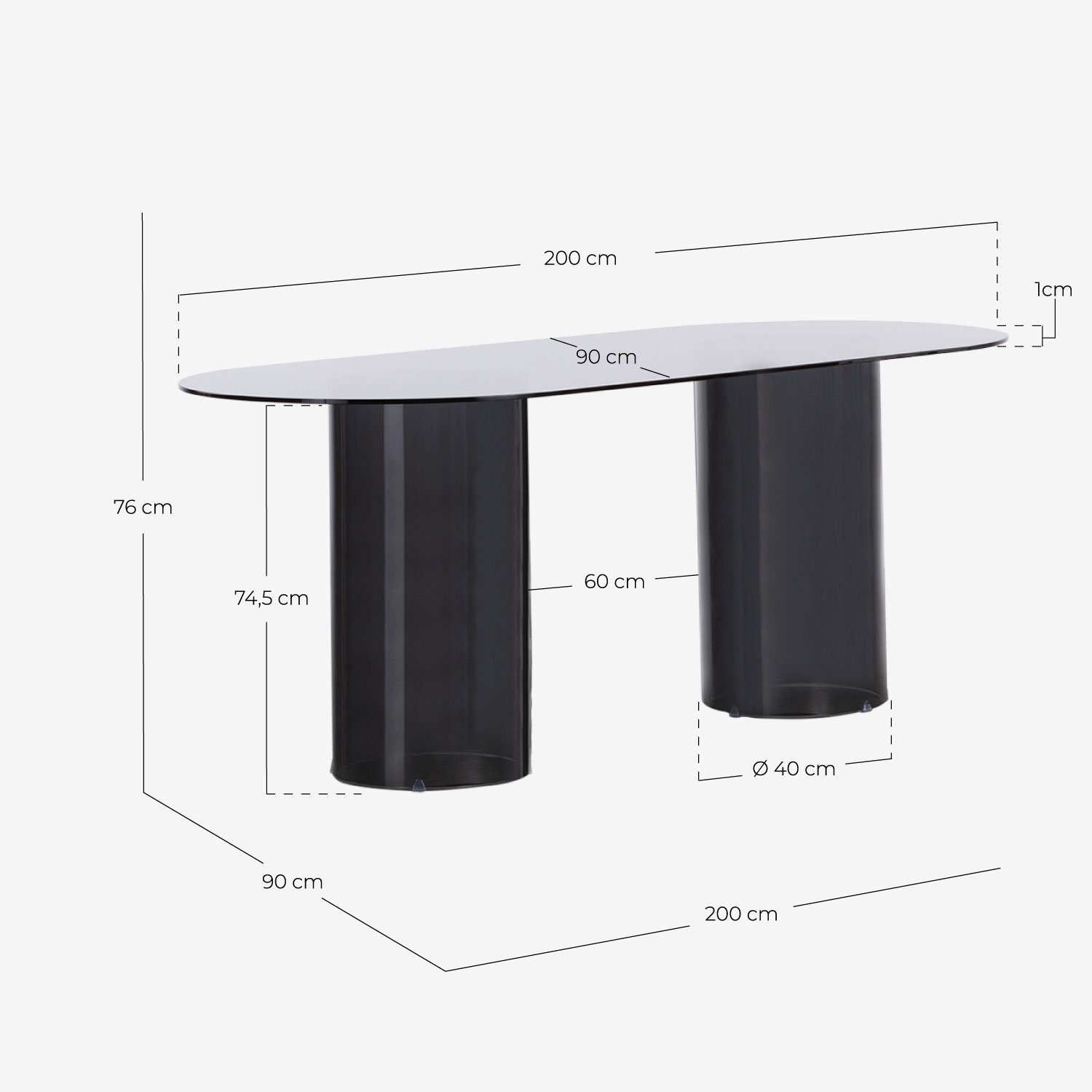 Table de Salle à Manger Ovale en Verre Trempé (200x90 cm) Kolu, dimensions