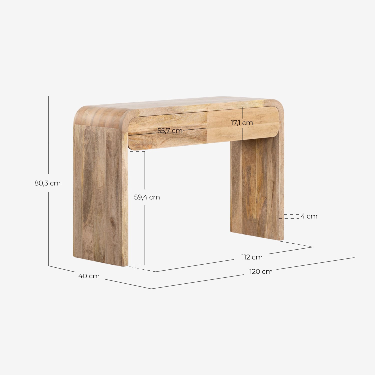 Console avec Deux Tiroirs en Bois de Mangue (120x40 cm) Vanille, dimensions