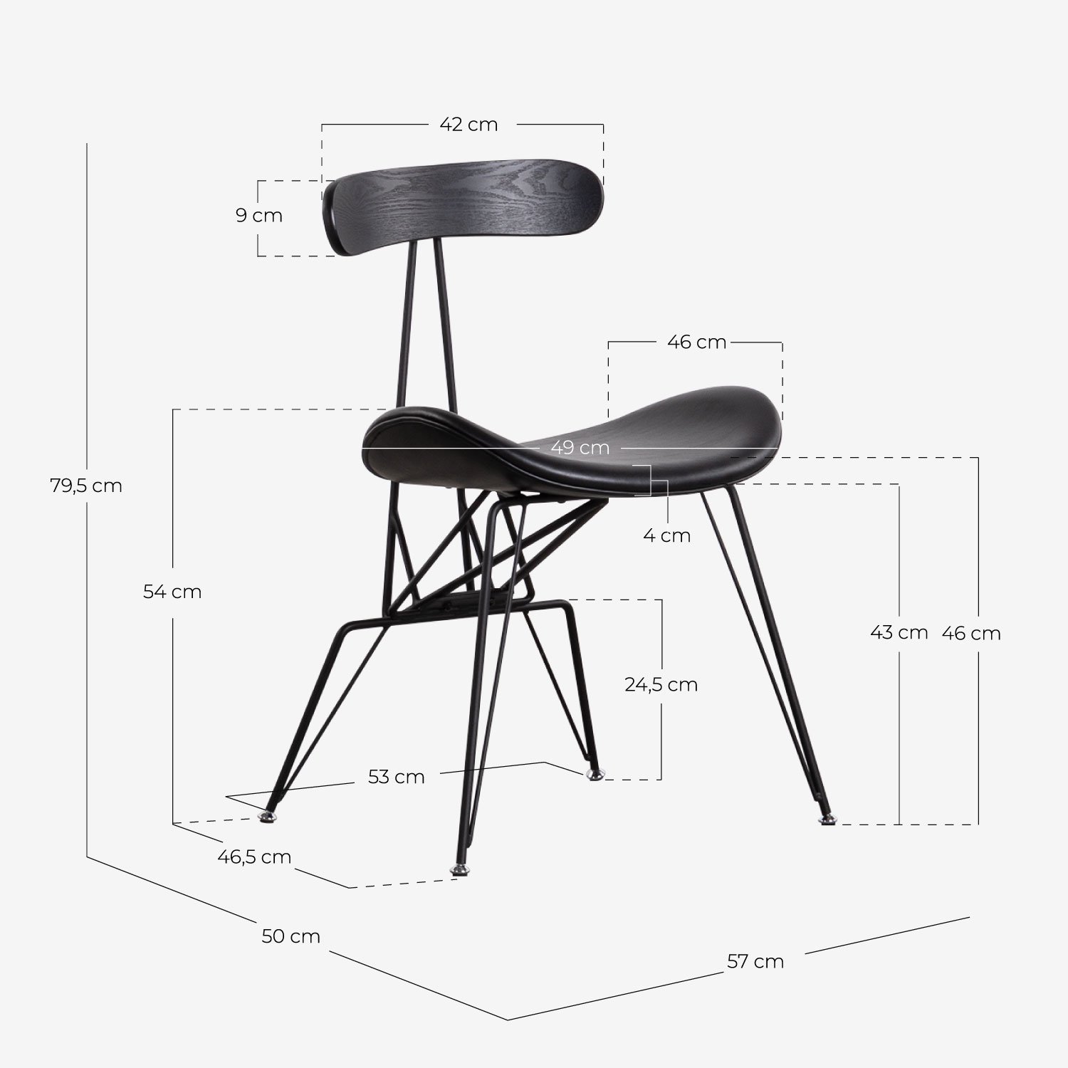 Pack 4 Chaises de Salle à Manger en Simili Cuir et Bois Brunela, dimensions