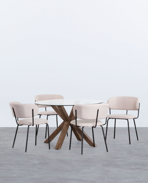Set de Table de Salle à Manger Ronde en Verre (Ø120 cm) Vuoto et 4 Chaises en Tissu Bonse