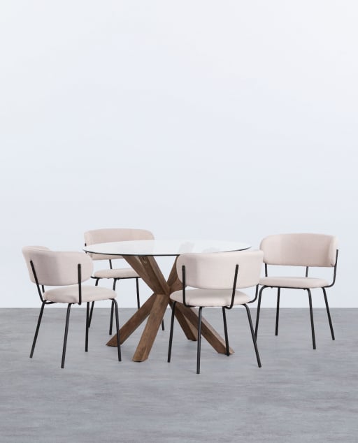 Set de Table de Salle à Manger Ronde en Verre Vuoto et 4 Chaises en Tissu Bonse