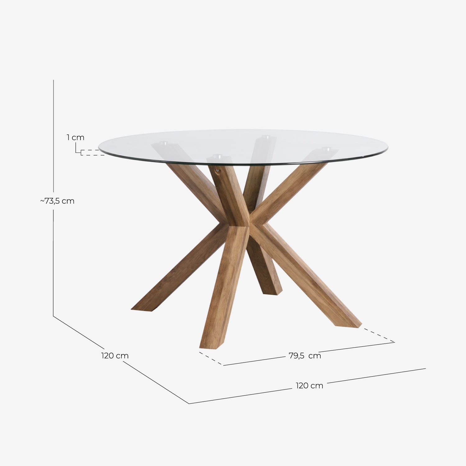 Set de Table de Salle à Manger Ronde en Verre (Ø120 cm) Vuoto et 4 Chaises en Tissu Bonse, dimensions