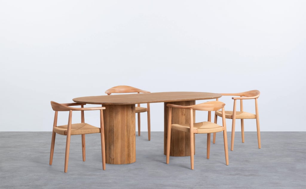 Ensemble Table à Manger Ovale en Bois à Poignées Viena et 4 Chaises en Bois et Corde Vilno