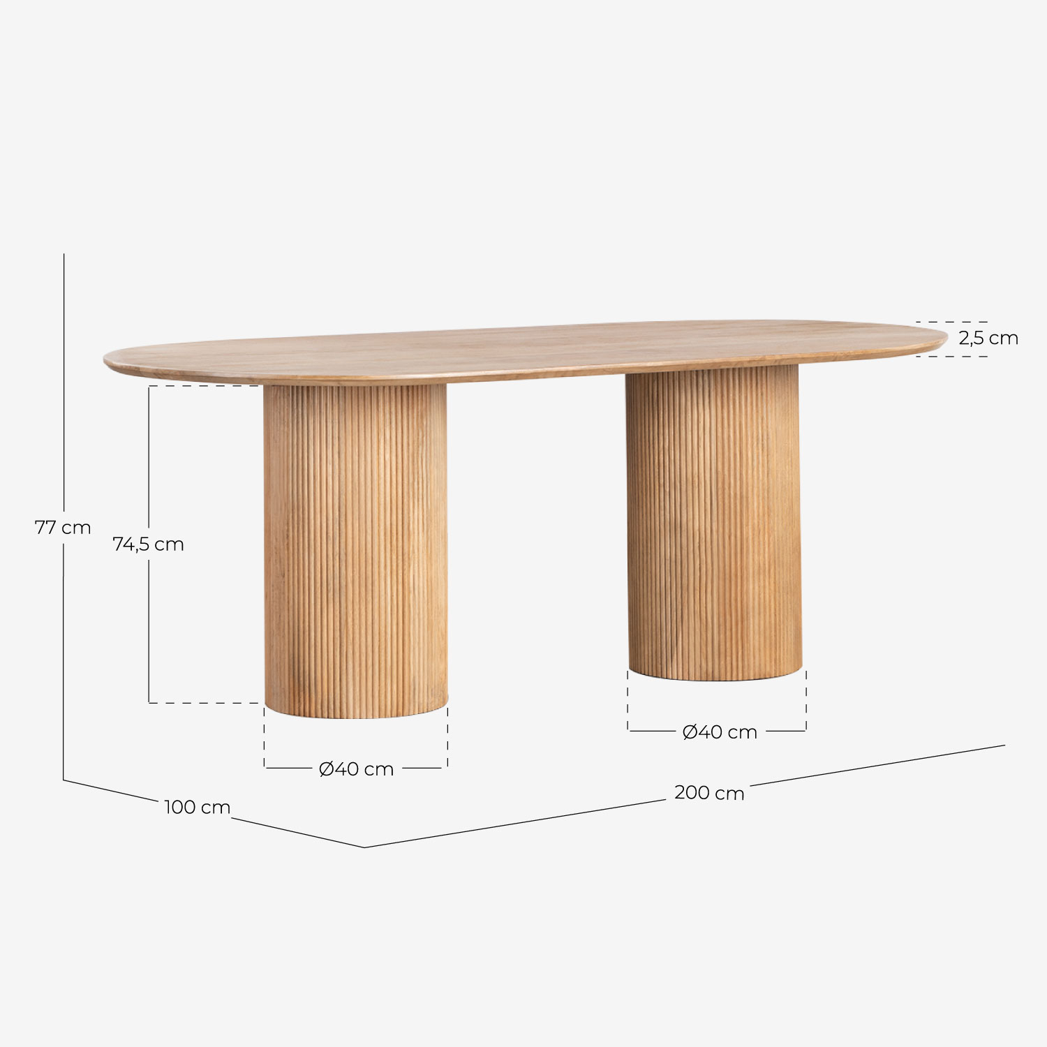 Ensemble Table à Manger Ovale en Bois à Poignées Viena et 4 Chaises en Bois et Corde Vilno, dimensions