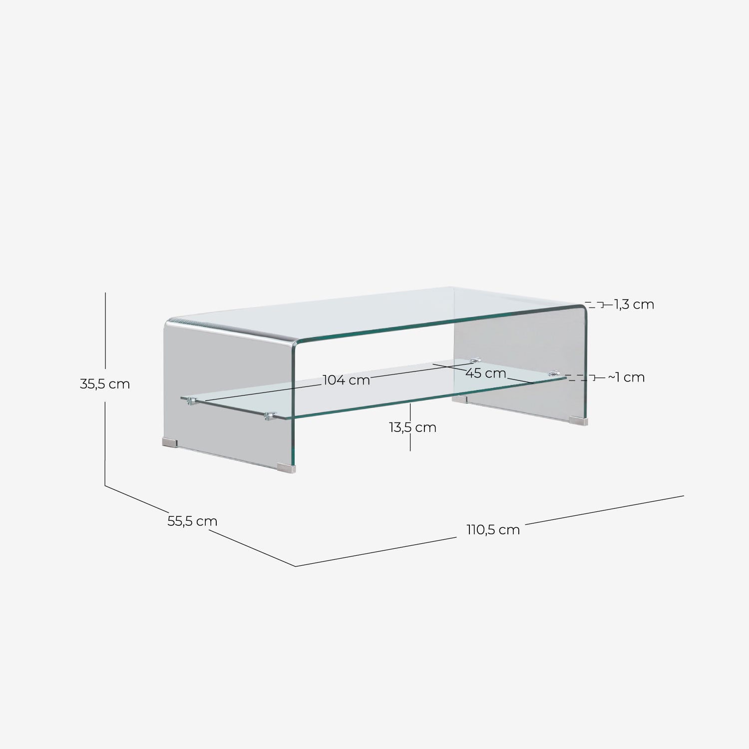 Table basse rectangulaire 110x55 cm en verre trempé Endil, dimensions