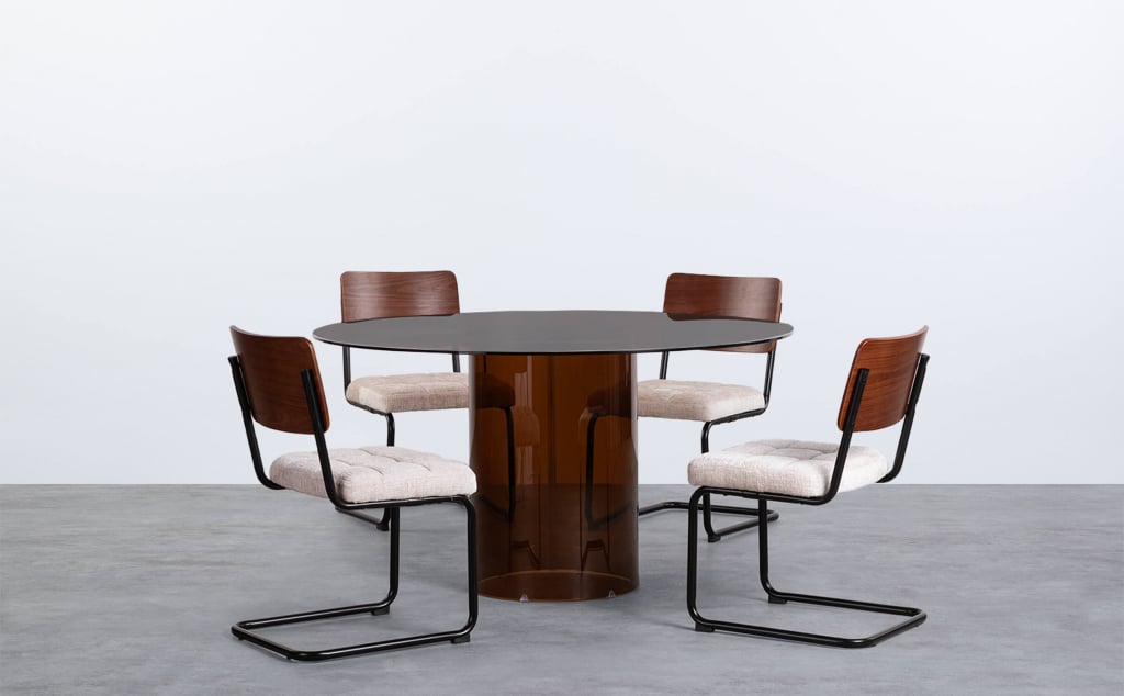 Set de Table de Salle à Manger Ronde en Verre Trempé Kolu et 4 Chaises en Bois et Tissu Cuba