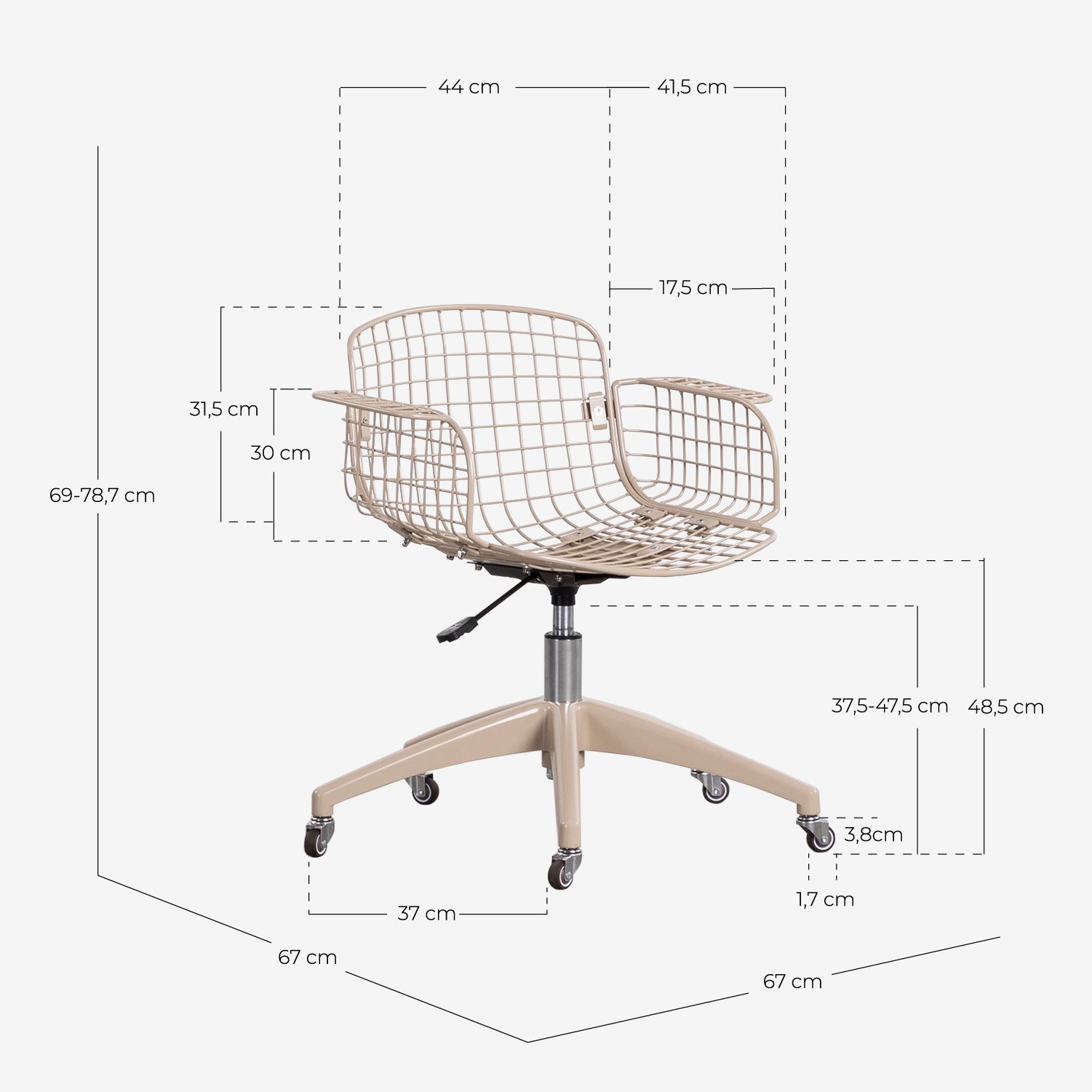 Chaise de Bureau Vintage en Métal à Dossier Bas Aras, dimensions