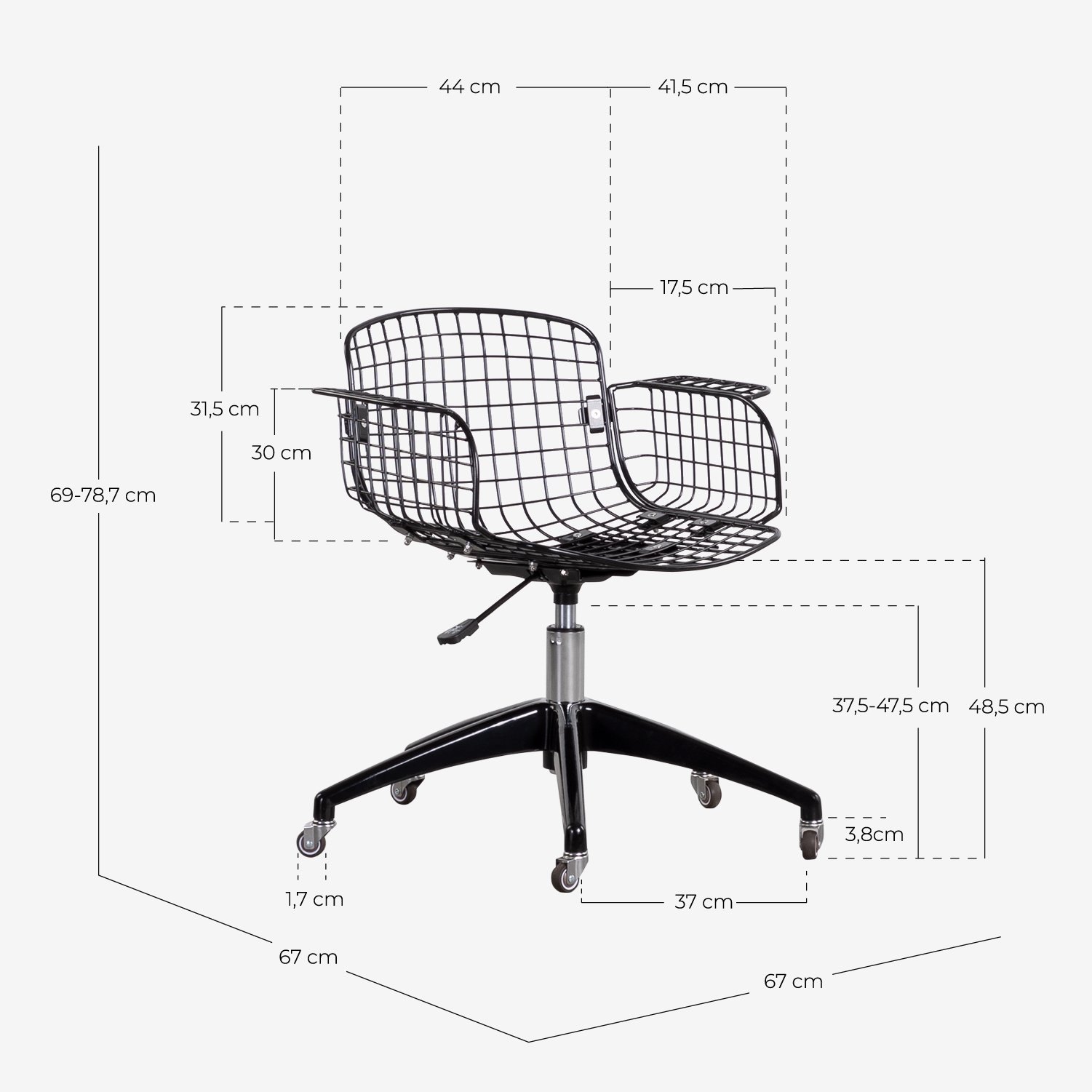 Chaise de Bureau Vintage en Métal à Dossier Bas Aras, dimensions