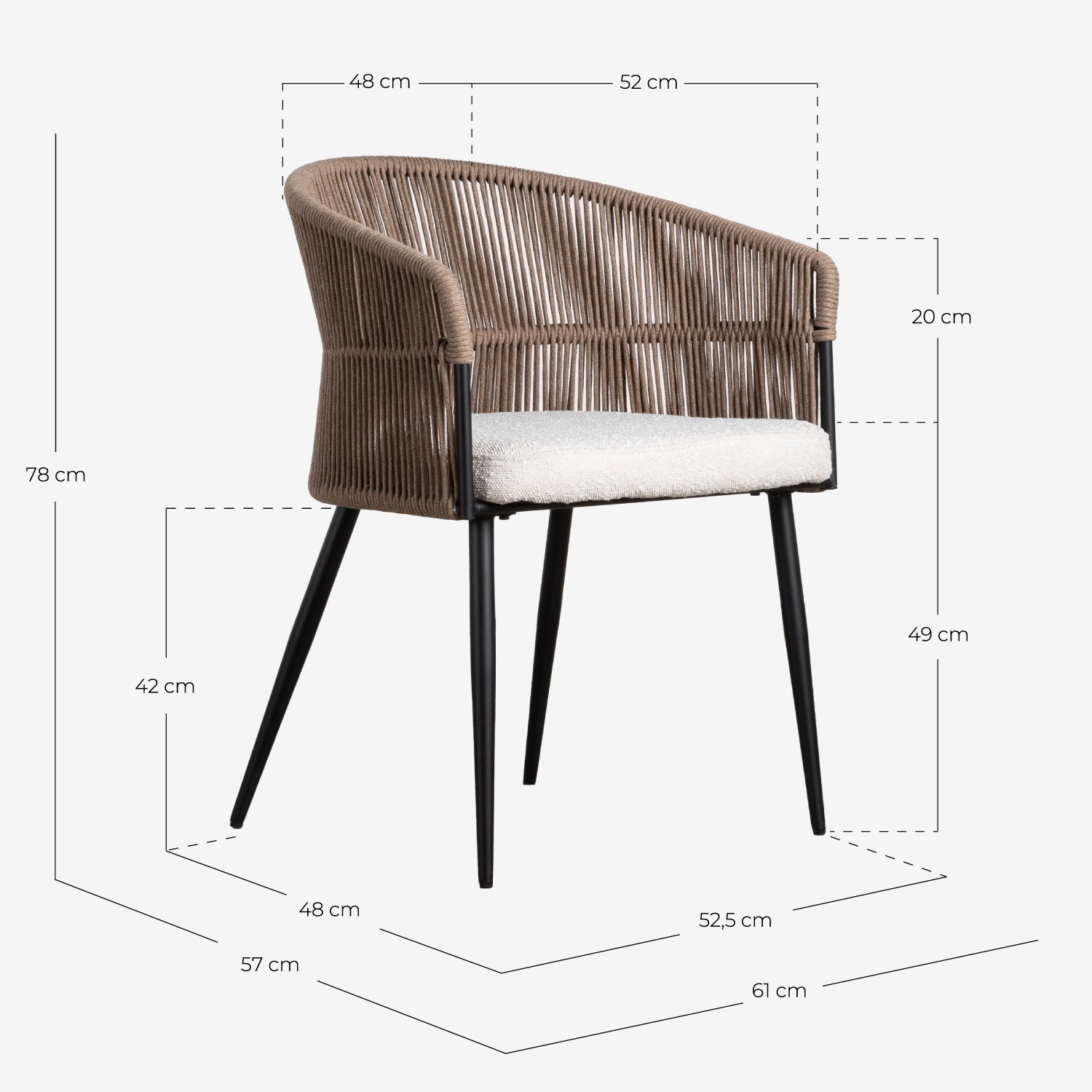 Pack 4 Chaises de Salle à Manger en Tissu et Corde Drean, dimensions