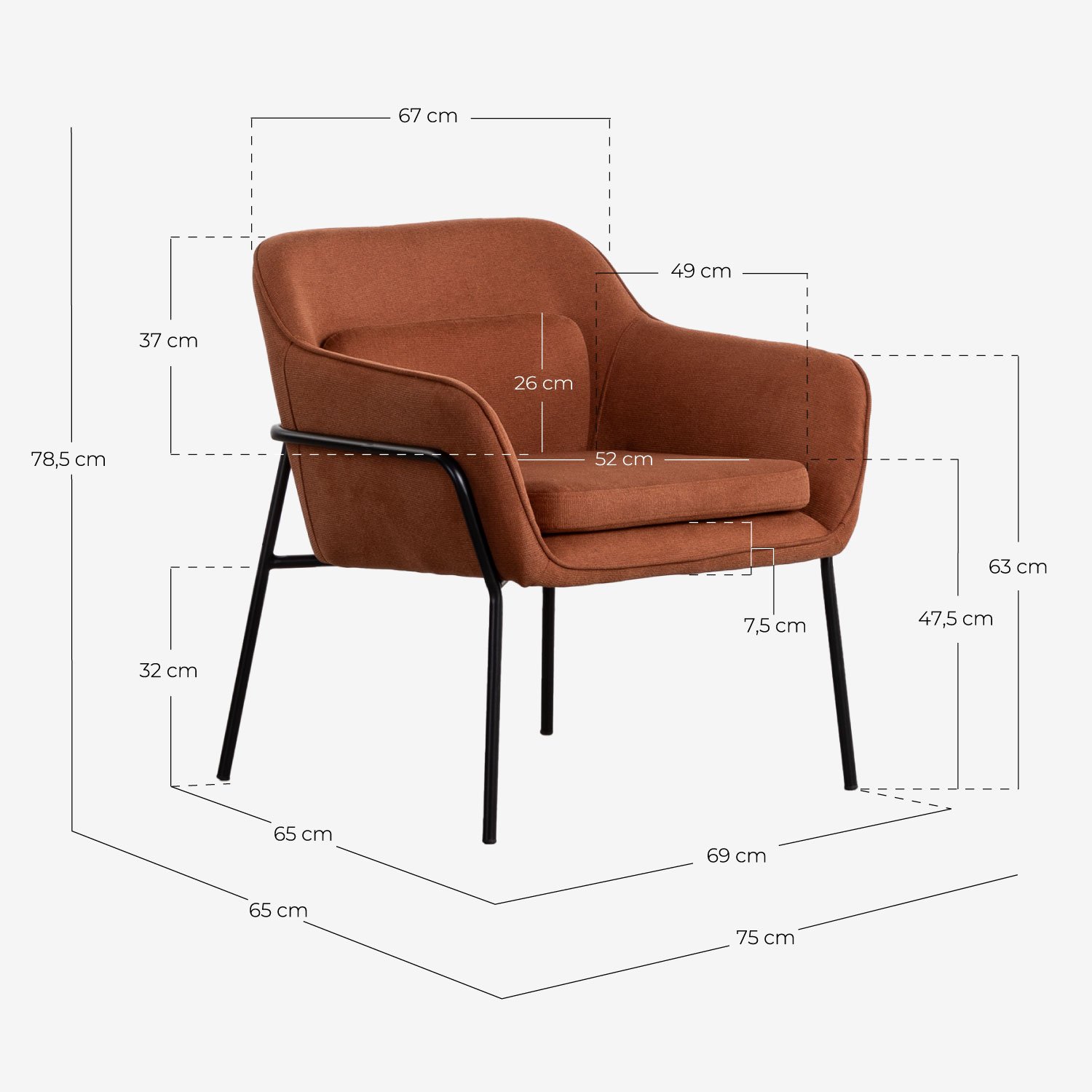 Fauteuil en Tissu et Métal Neva, dimensions