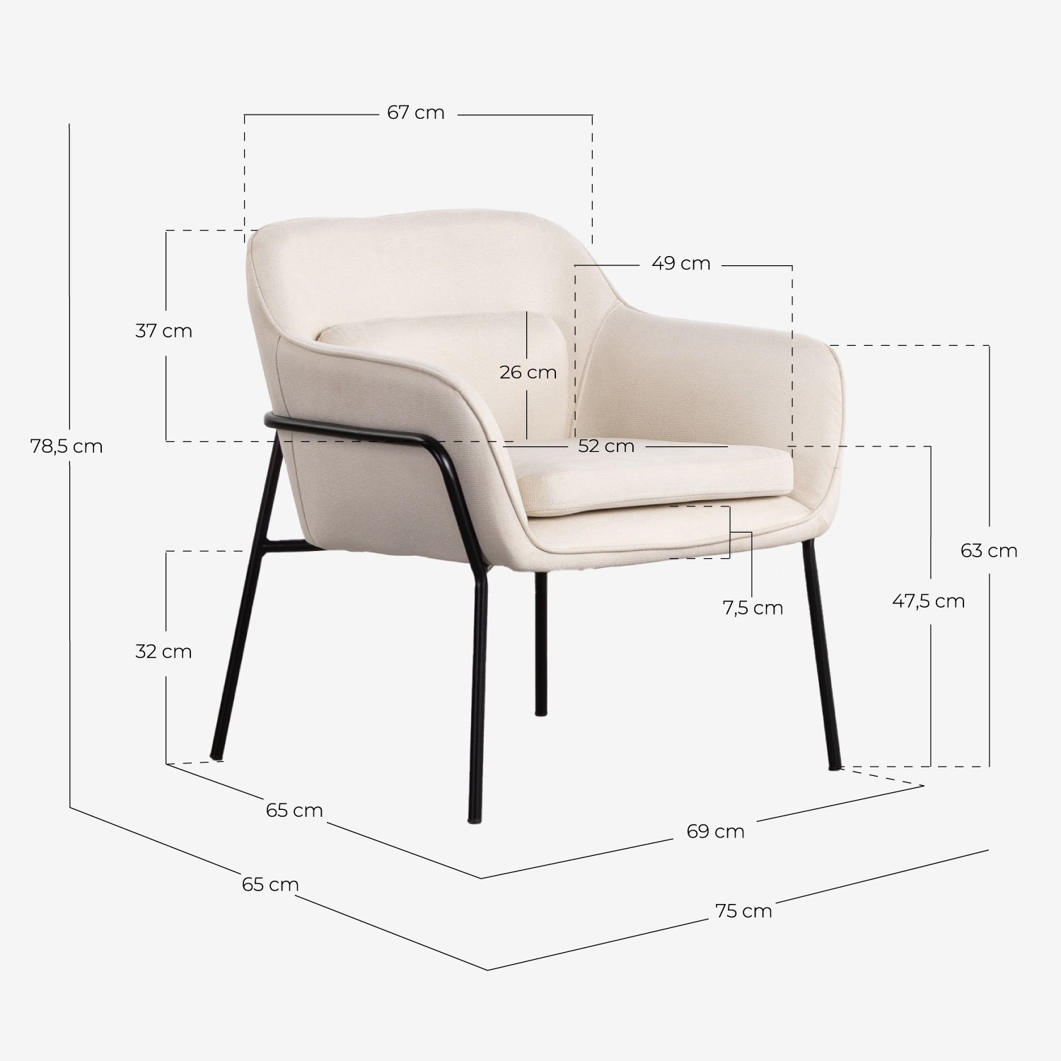 Fauteuil en Tissu et Métal Neva, dimensions