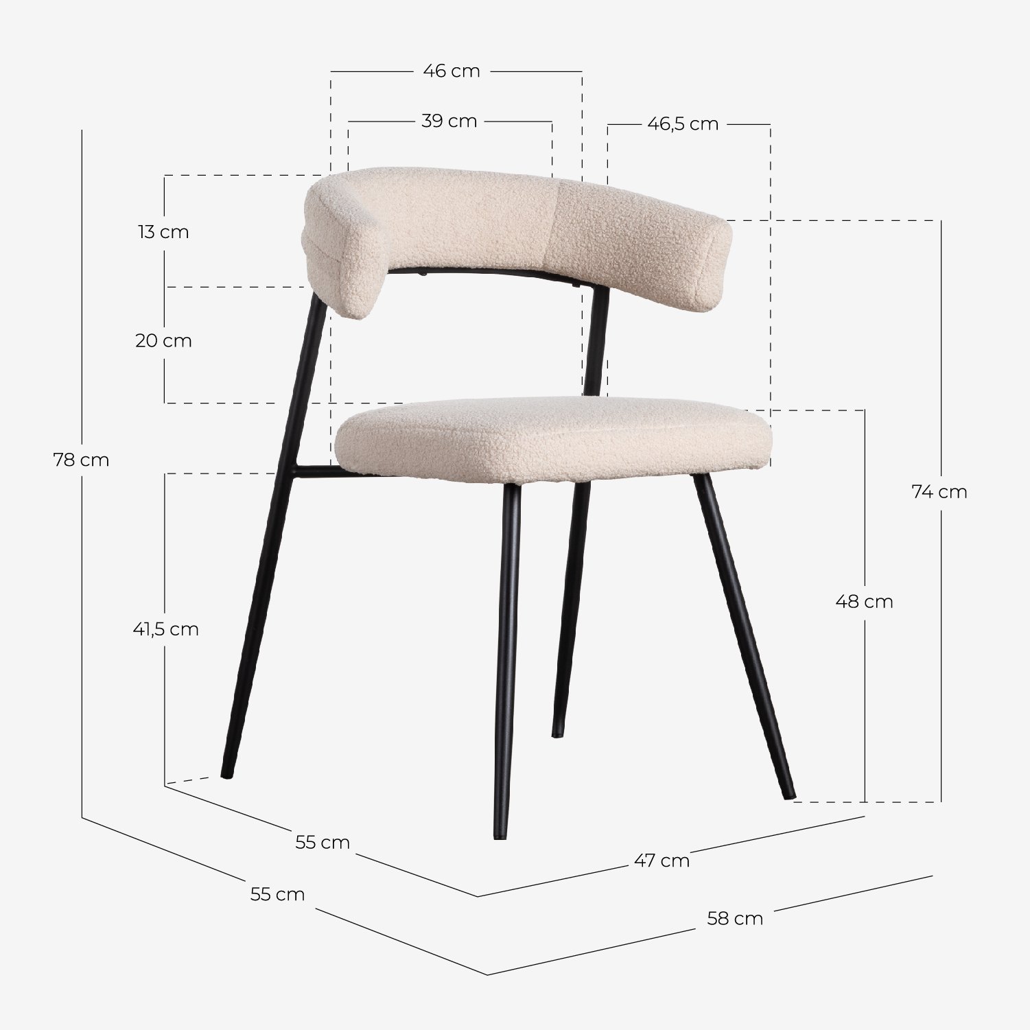 Pack 2 Chaises de Salle à Manger en Métal Eloise Bouclé, dimensions