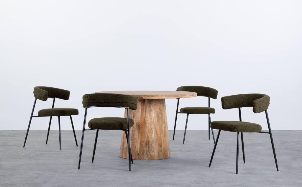 Set de Table Ronde en Bois Doran et 4 Chaises en Tissu Bouclé Eloise