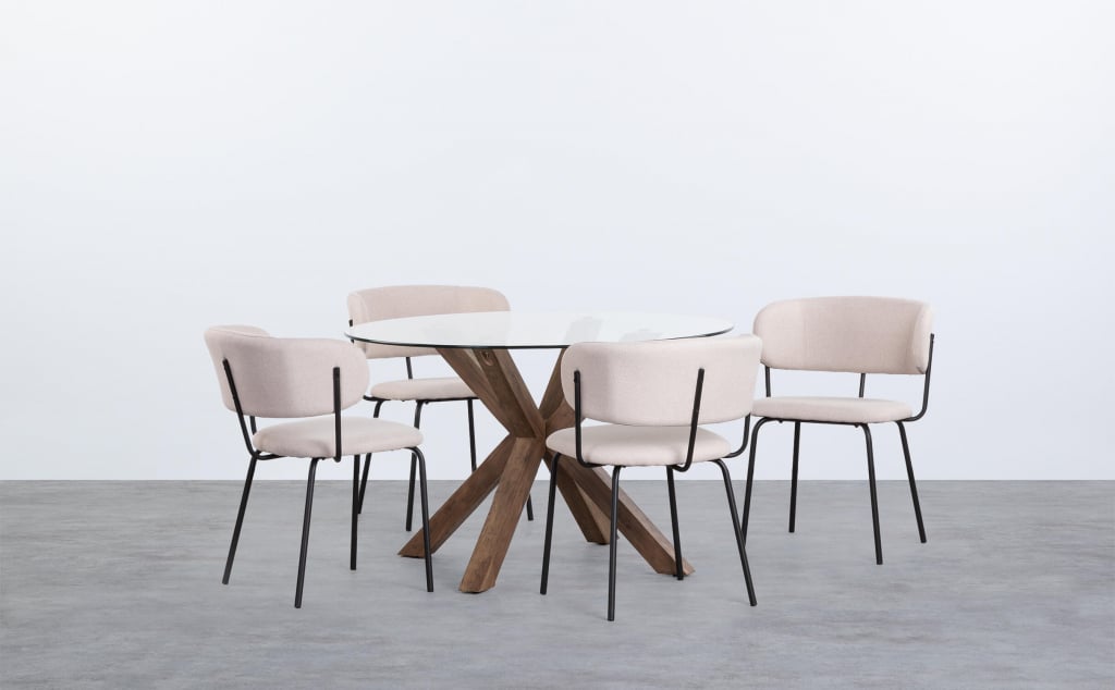 Set de Table de Salle à Manger Ronde en Verre Vuoto et 4 Chaises en Tissu Bonse