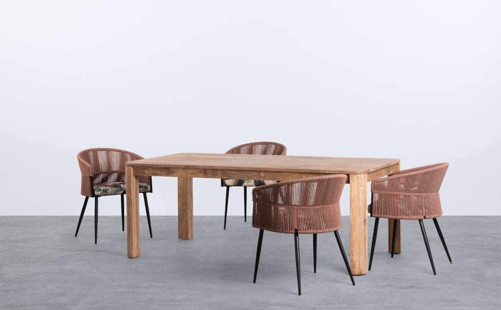 Set de Table de Salle à Manger Rectangulaire en Bois de Manguier Valde et 4 Chaises en Velours Drean