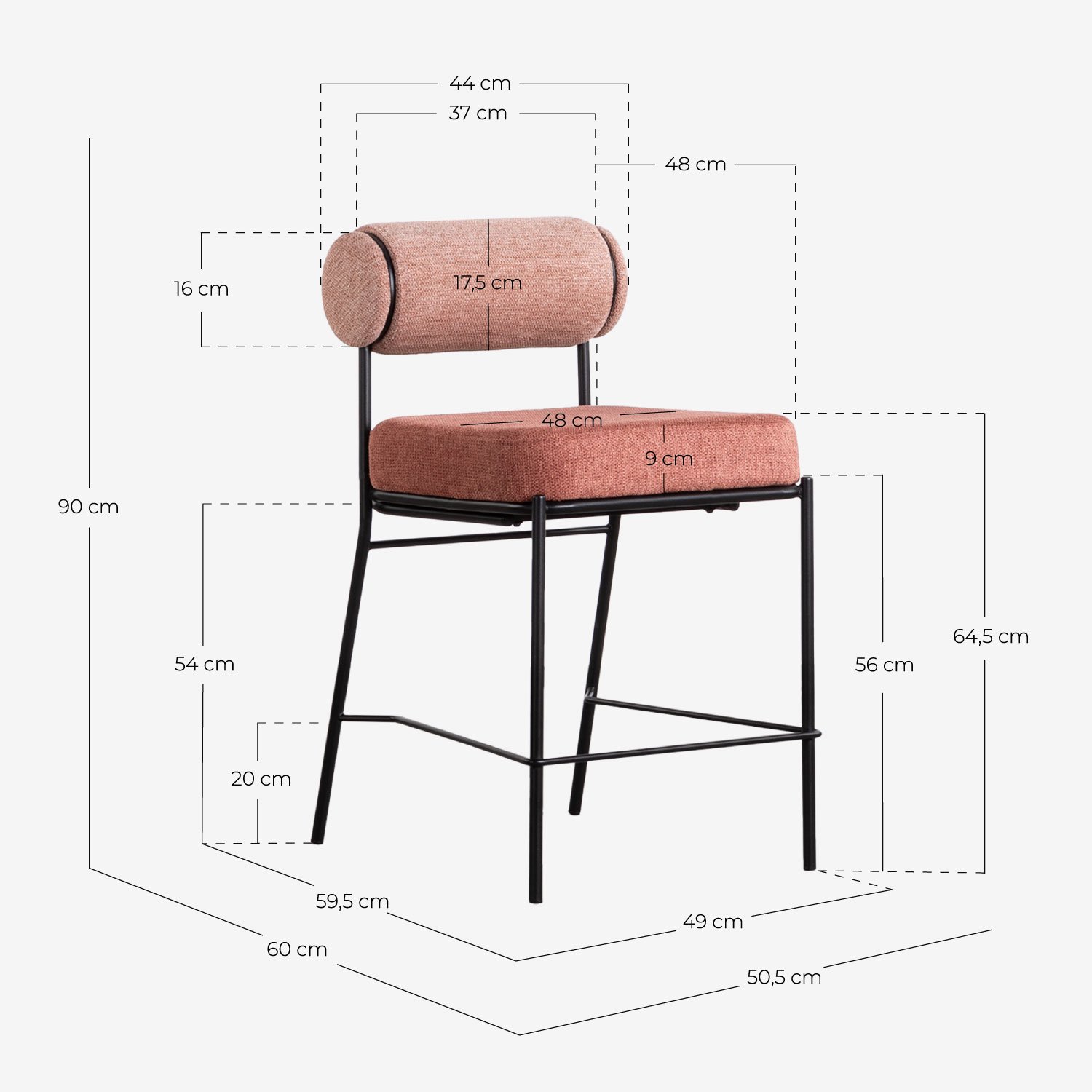 Pack 2 Tabourets Hauts en Métal et Tissu (64,5 cm) Elin, dimensions