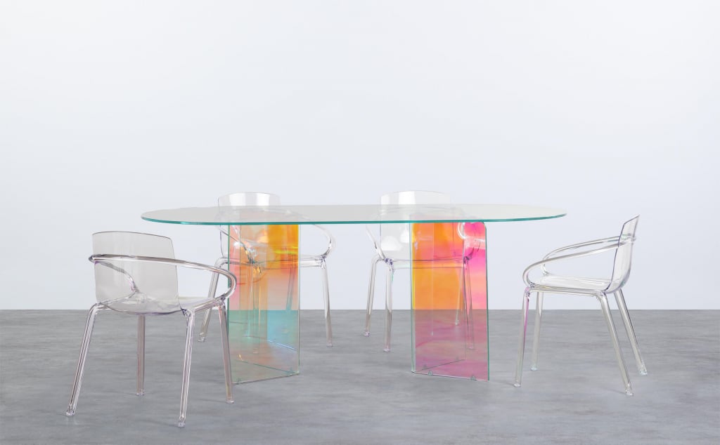 Set de Table de Salle à Manger Iridiscente en Verre Trempé Iris et 4 Chaises en Polycarbonate Zuera