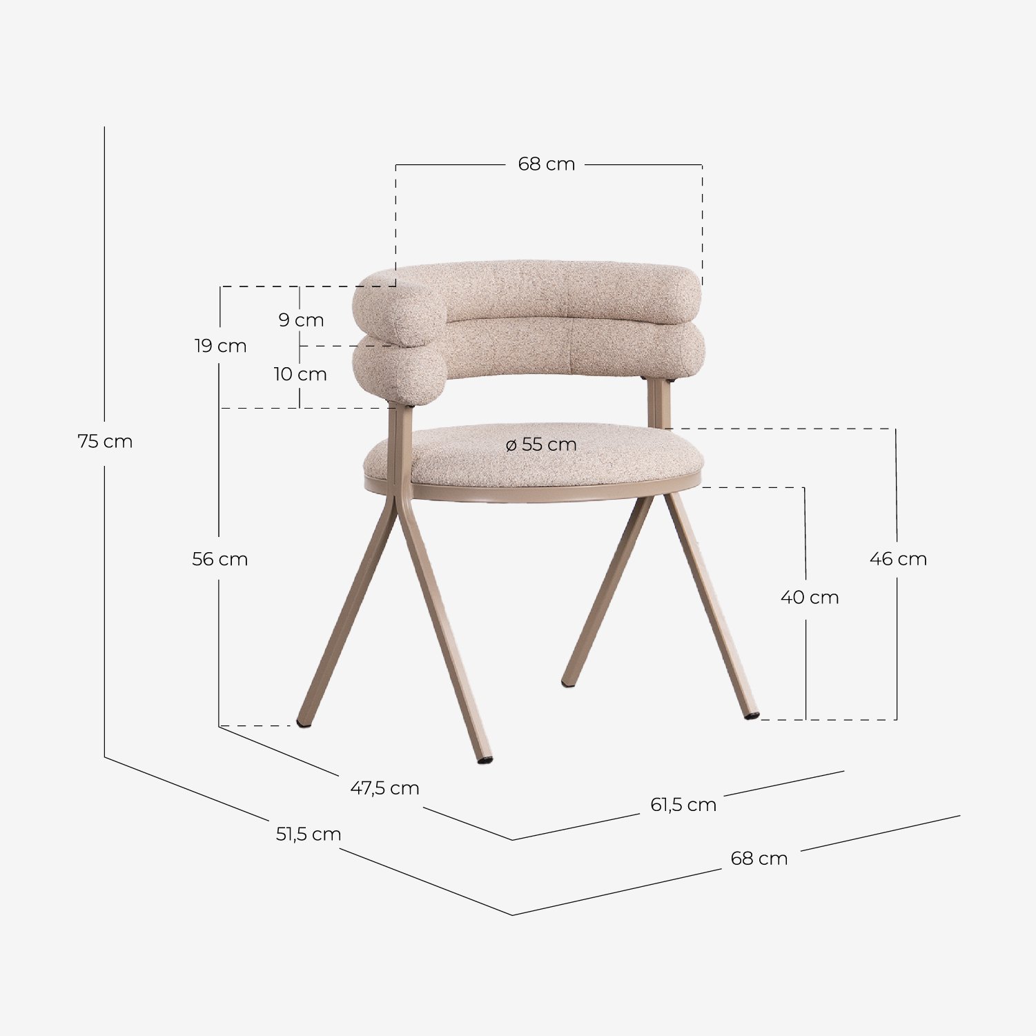 Pack 4 Chaises de Salle à Manger en Tissu et Métal Aixa Classic, dimensions