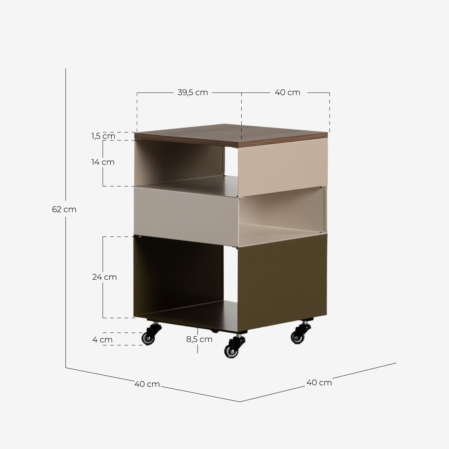 Table d'Appoint avec Roulettes et Rangement en Métal (40x40 cm) Aron, dimensions