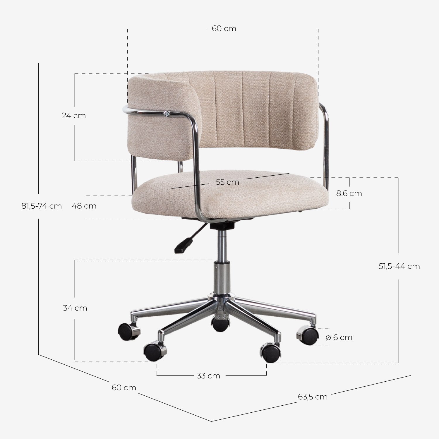 Chaise de Bureau Réglable en Métal et Tissu Petra, dimensions