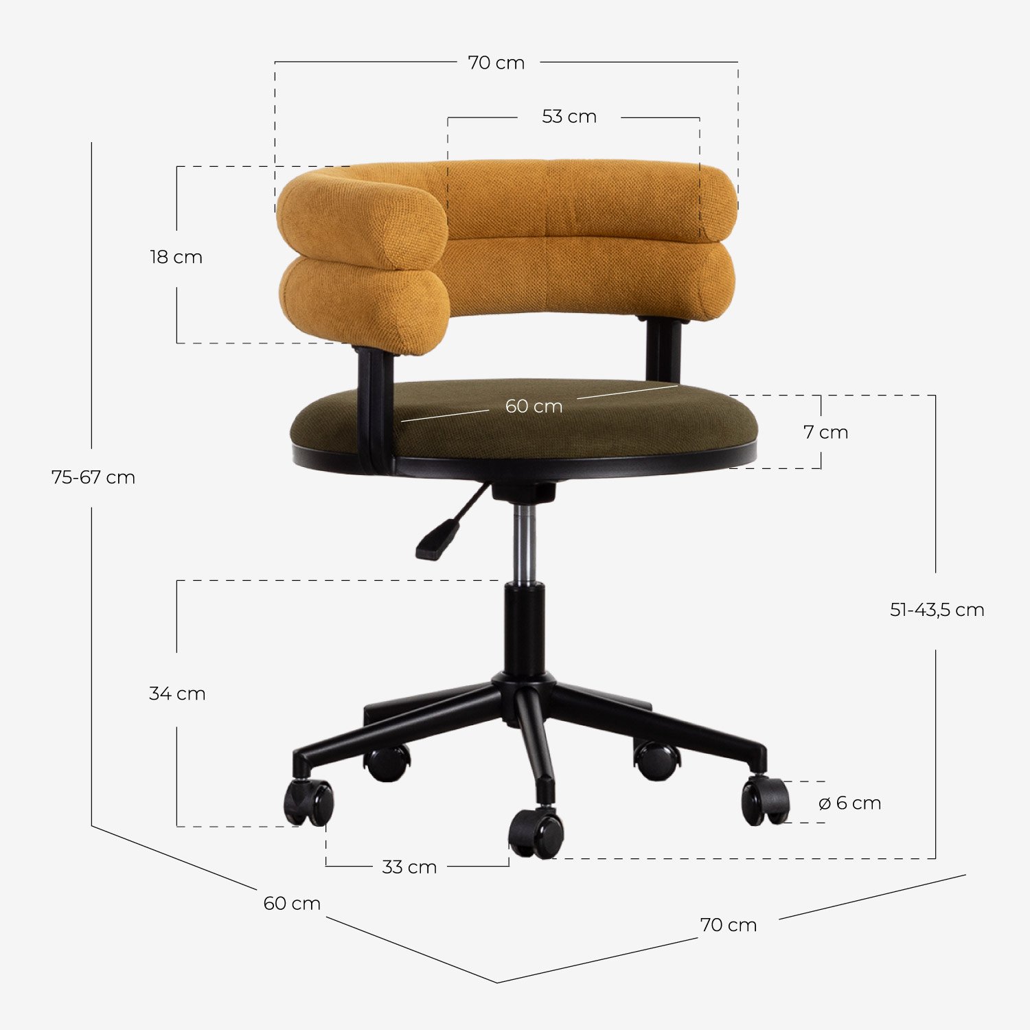 Chaise de Bureau Réglable en Métal et Tissu Aixa, dimensions