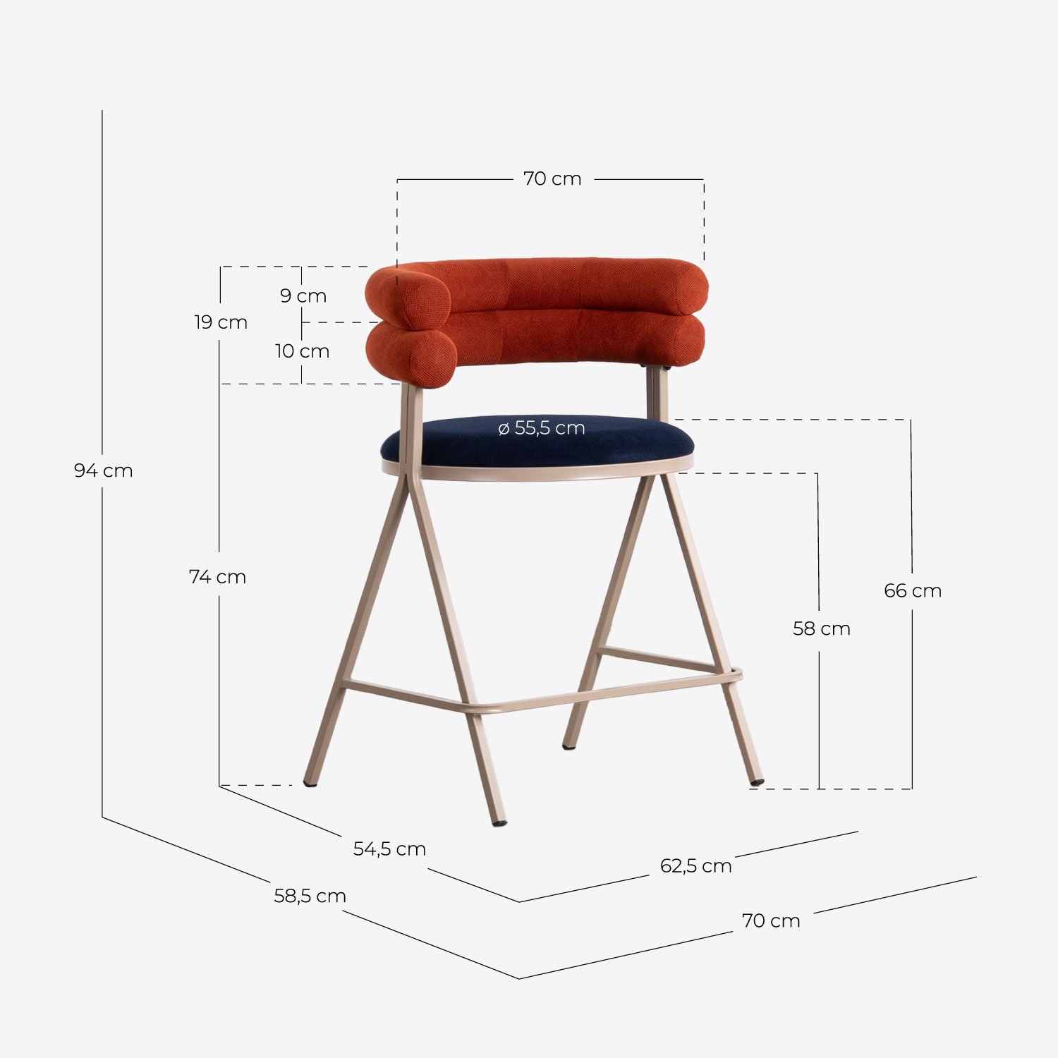 Pack 4 Tabourets Hauts en Tissu et Métal (66 cm) Aixa, dimensions