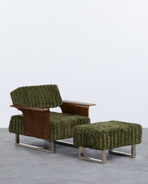 Fauteuil Inclinable en  avec Repose-pieds en Tissu et Bois 70s Furry