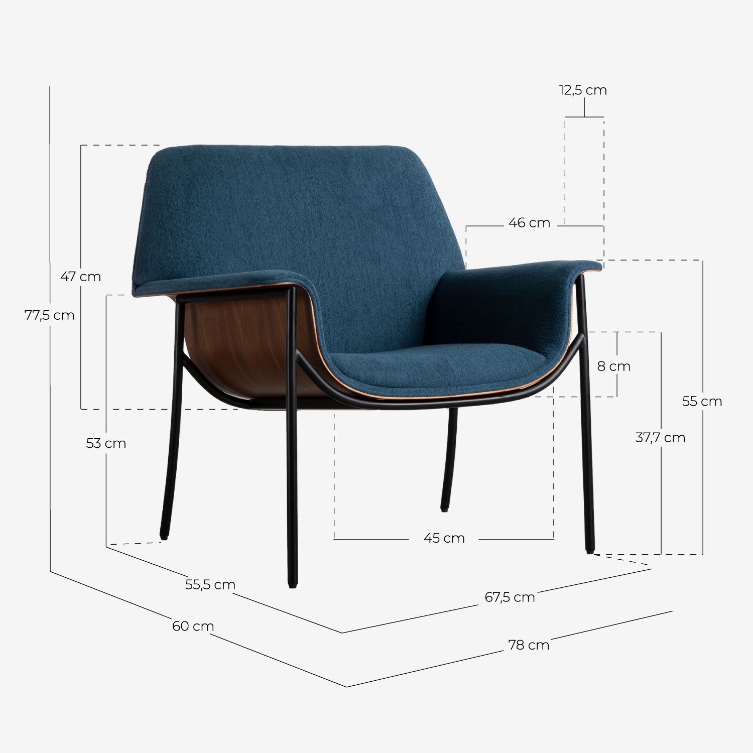 Pack de 2 Fauteuils avec Accoudoirs en Bois et Tissu Rinu, dimensions