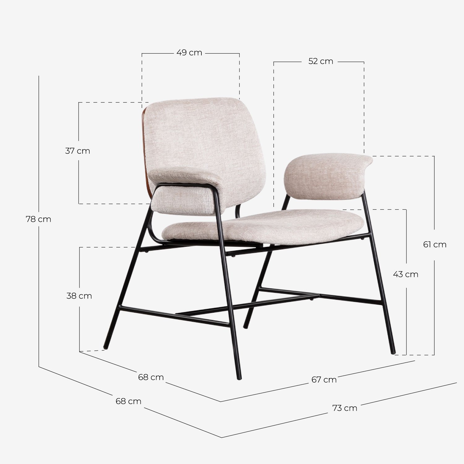 Pack 2 Fauteuils avec Accoudoirs en Métal et Tissu Vegas, dimensions