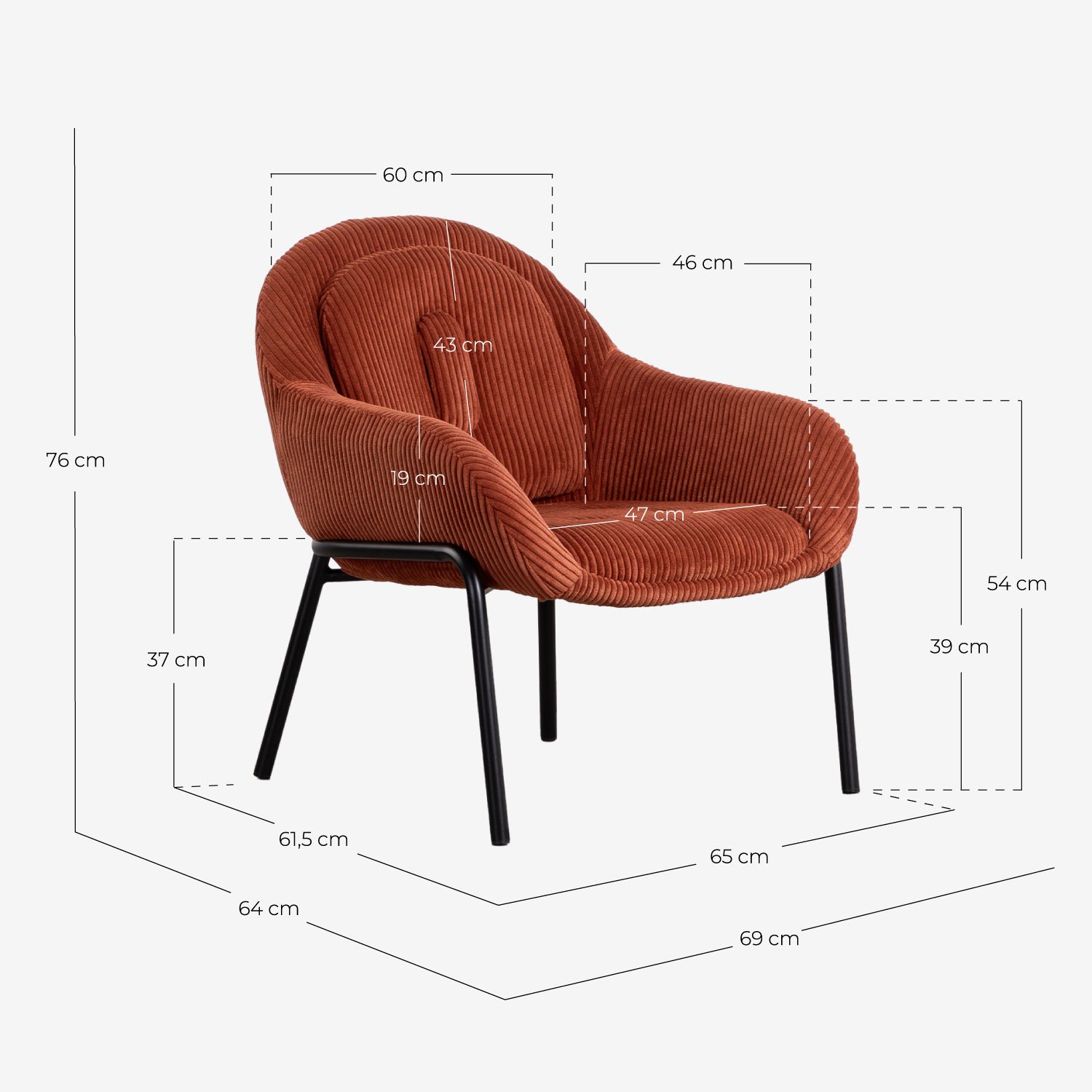 Pack de 2 Fauteuils en Velours Côtelé Épais et Métal Bres , dimensions