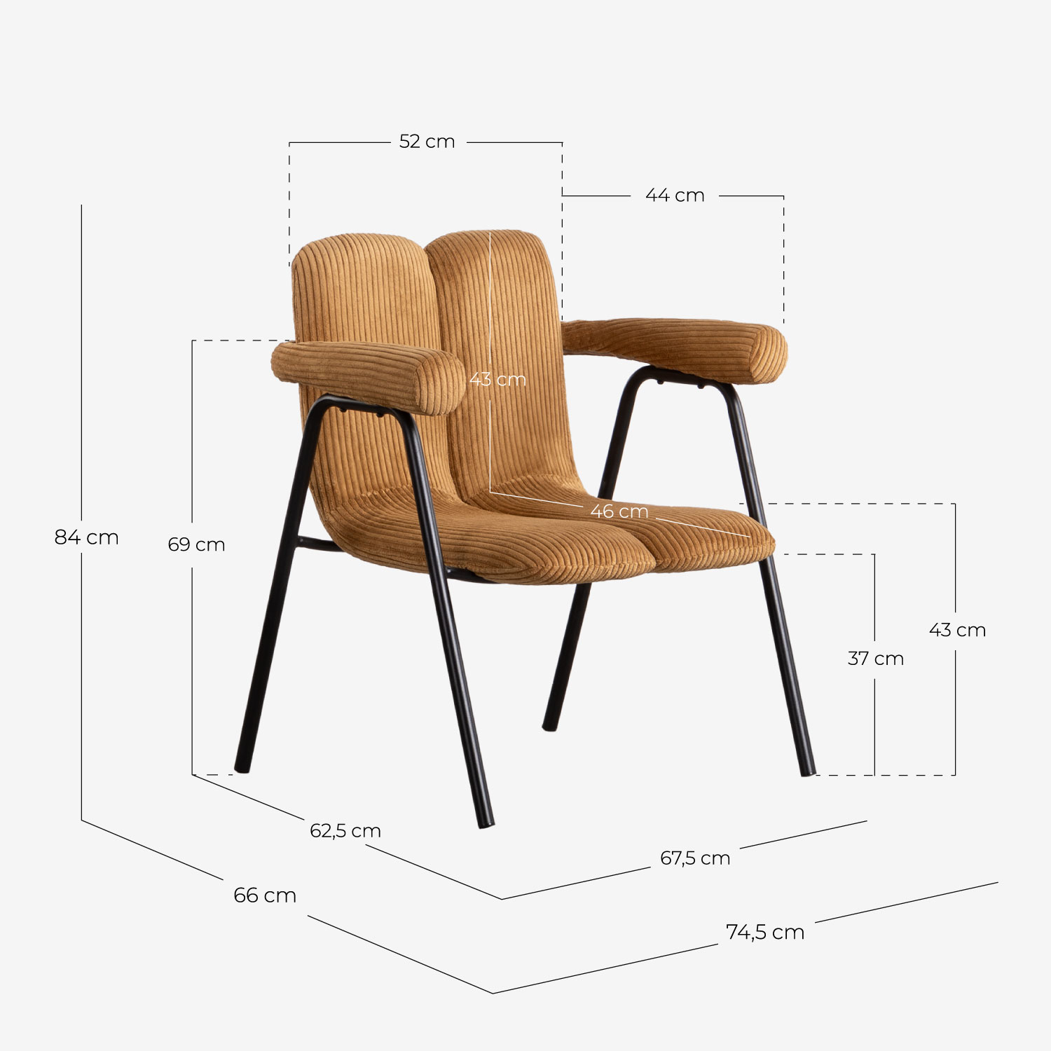 Pack 2 Fauteuils en velours Côtelé Épais et Métal Elles , dimensions